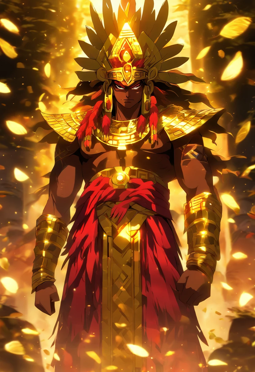 (((God of Gold))) best quality, very high resolution, detailed CG in 4K, masterpiece, Aztec mythology, god of gold, Xipe Totec, red feathers, trees in the background, Mexico, standing pose, Aztec clothing , Aztec city, ((full body)), aesthetics, beautiful image, centered on screen, standing pose