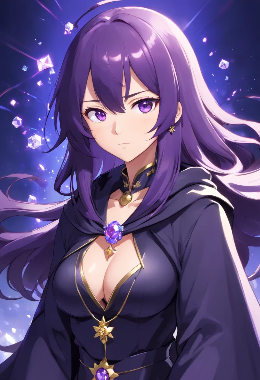 dark purple hair, long hair, medium breasts, black robe, black cloak, crystal flower, military uniform, hood, mature female, masterpiece, captain (honkai impact), white eyes, white bang, sparkling eyes, black suit, crystal earing, crystal necklace,