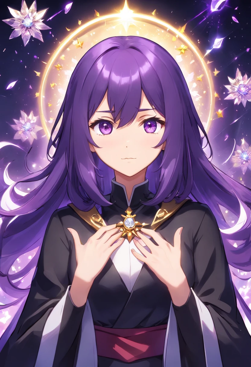 dark purple hair, long hair, medium breasts, black robe, black cloak, crystal flower, military uniform, hood, mature female, masterpiece, captain (honkai impact), white eyes, white bang, sparkling eyes, black suit, crystal earing, crystal necklace,