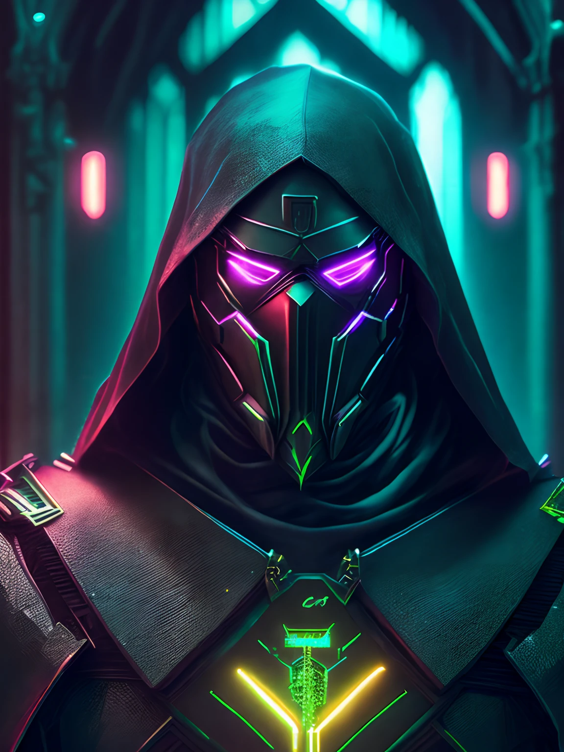 grim portrait of Marvel's Doctor Doom with intricate angular cybernetic implants inside a brutalist building, gothic brutalist cathedral, cyberpunk, Foto premiada, Bokeh, Neon lights, cybernetic limb