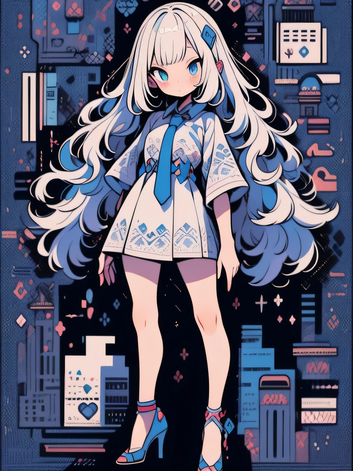 In Sticker style、Geometric pattern background,Anime girl standing on city street,Long hair and blue eyes, Trending in ArtStation pixiv, Purple eyes, Blue tie, Beautiful (Detailed eyes, Detailed face,) ahegao, Yuradev, Noble temperament, High heels, No watermark