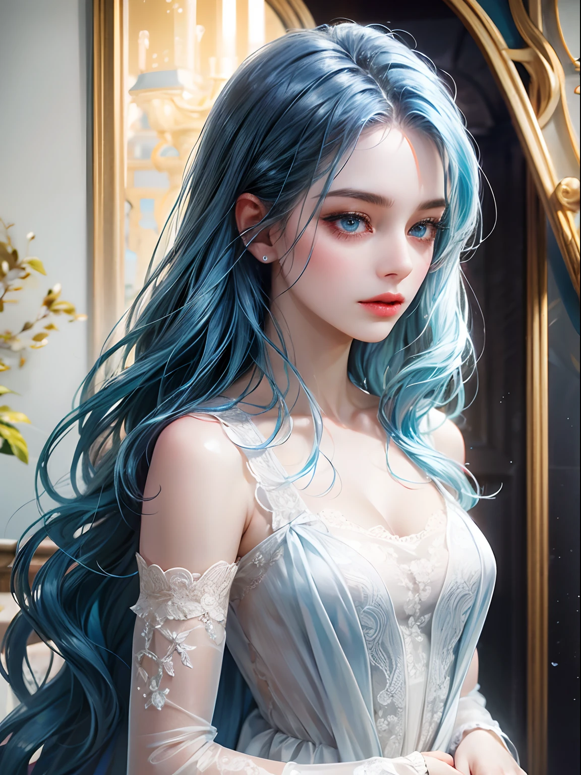 a women, blue hair, blue eyes, white dress