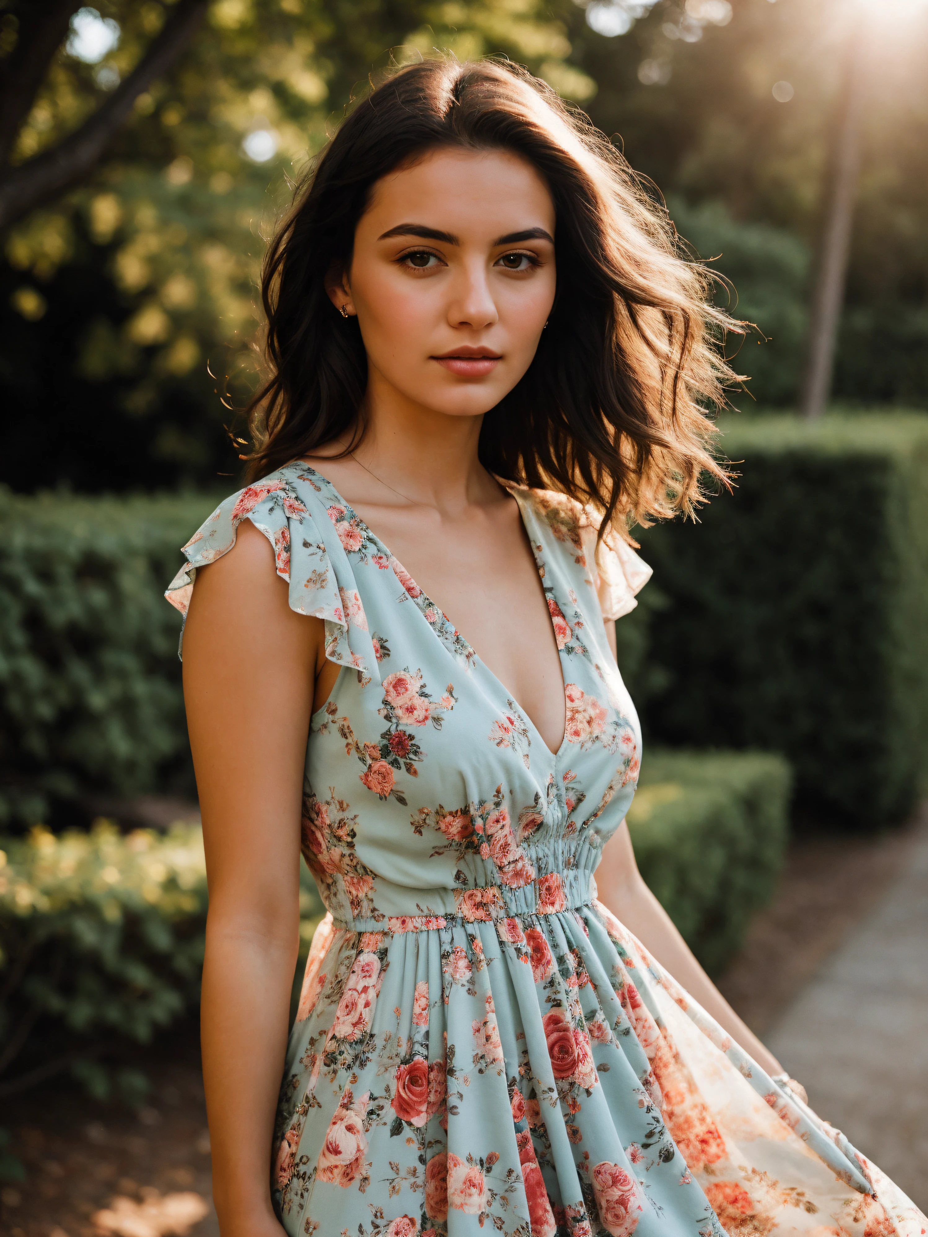 an extremely sexy young woman wearing a vintage floral sun dress, (maan_steenwinkel_V4:0.8), detailed face, soft lighting, looking away, distracted,