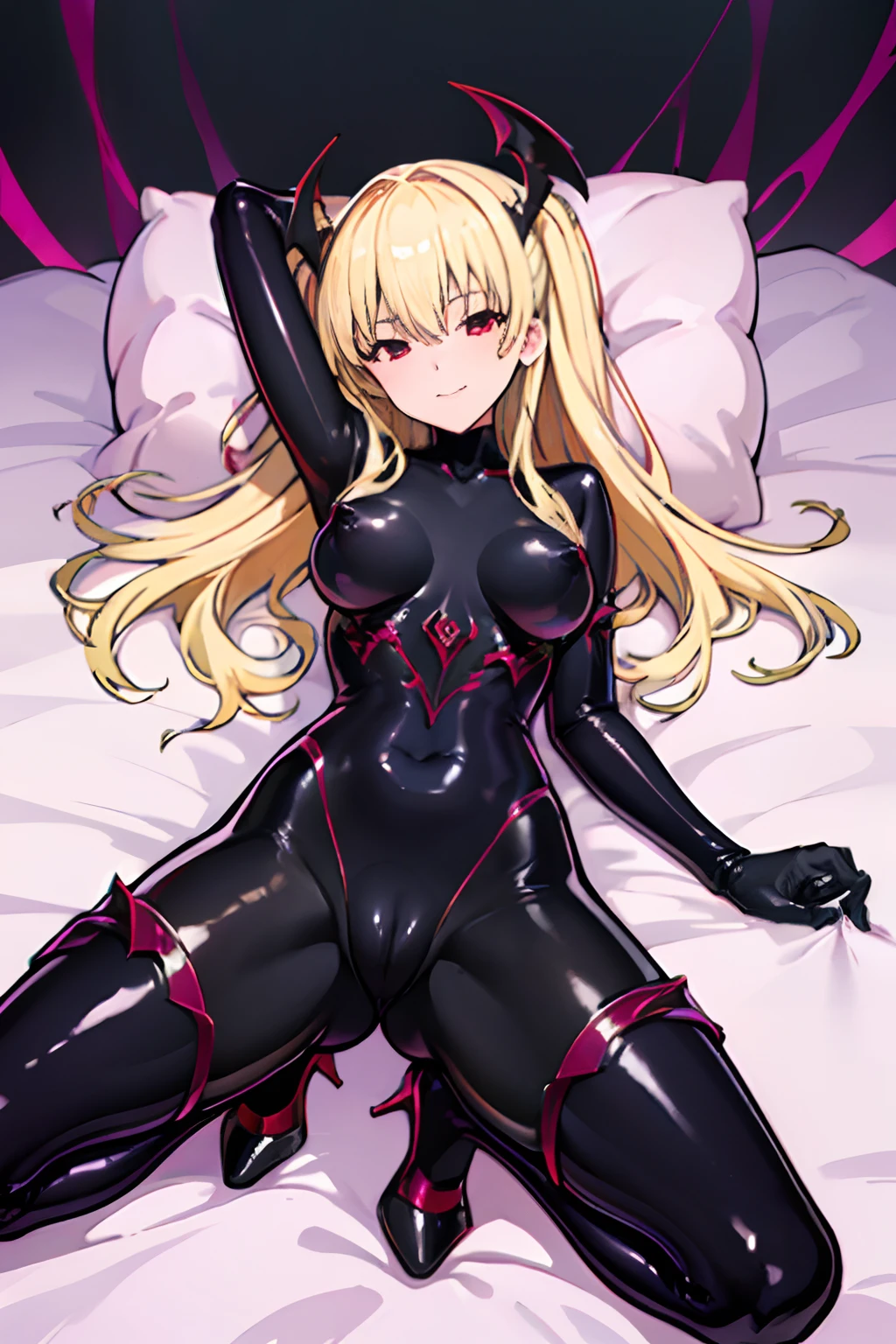 Carefully draw the face　5 year old girl　High-quality faces in anime style　a blond　Shiny black full body suit　Black High Heels　Red lines all over the body　seductiv　a smile　Morrigan Aensland　Lying face down