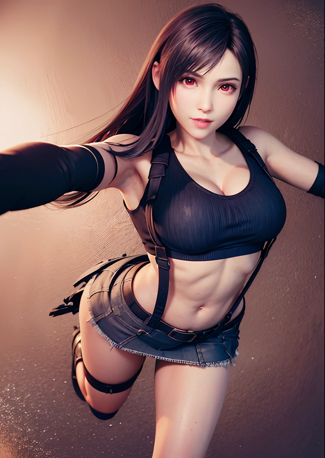 Best Quality, 8K, 32K, masutepiece, nffsw:1.2),Pretty Woman Pictures, Large breasts, full body Esbian, ((1girl in、Solo)), Tifa_lockhart, A smile, cowboy  shot, suspenders, lowrise, a miniskirt, Tank Tops, Tense shirt, A dark-haired, length hair, elbowgloves, ((Beautiful detailed red eyes)), (Beautiful highlights of red eye)), Facial light, 电影灯光, nabel, High exposure, Exposure of the abdomen, Ribs, Abs, (heavy-looking chest:1.2), Affectionate smile, slightly open lips, looking down to viewer, ((From below:1.5)), (large round chest:1.2), toned round buttocks with a small crotch, Nice leg line:1.3, thick thighs, slim down the waist, Looks Back, ((Leaning forward)), seen from back, ((Low angle shooting method))