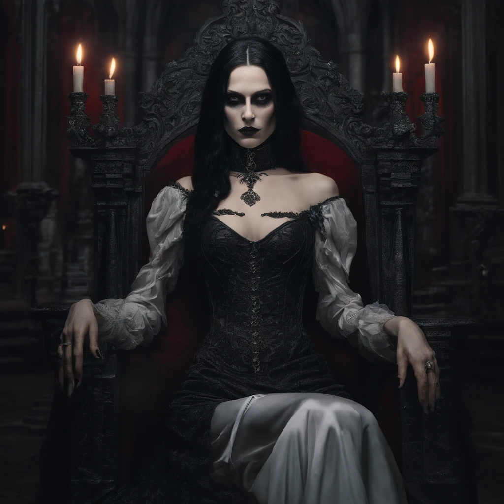 ((illustration of a female version of Strahd Von Zarovich in sexy gothic noble outfit sitting on a throne holding a glass wine goblet filled with blood)), royal noble outfit, ((vampire)), has teeth fangs, long black hair, portrait, 8k resolution, masterpiece, high quality, ultra detailed eyes, 1girl, female focus, voluptuous figure, ((sad smiling)), vampiric features, teeth showing, vampire fangs, pale skin, elf ears, castle interior background, gothic theme, dungeons and dragons fantasy aesthetics, use Curse of Strahd visuals, sassy demeanor