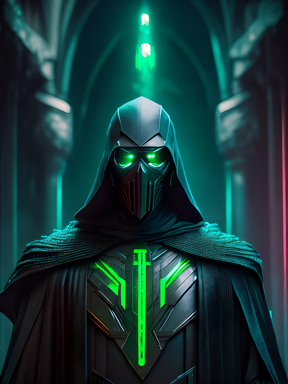 grim portrait of Marvel's Doctor Doom with intricate angular cybernetic implants inside a brutalist building, gothic brutalist cathedral, cyberpunk, Foto premiada, Bokeh, Neon lights, cybernetic limb