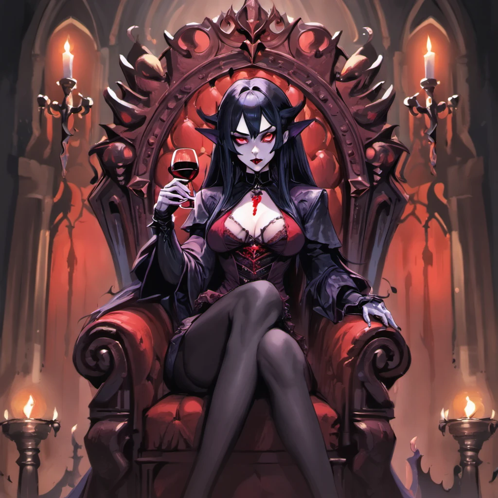 ((illustration of a female version of Strahd Von Zarovich in sexy gothic noble outfit sitting on a throne holding a glass wine goblet filled with blood)), royal noble outfit, ((vampire)), has teeth fangs, long black hair, portrait, 8k resolution, masterpiece, high quality, ultra detailed eyes, 1girl, female focus, voluptuous figure, ((sad demeanor)), vampiric features, showing, vampire fangs, pale skin, elf ears, castle interior background, gothic theme, dungeons and dragons fantasy aesthetics, use Curse of Strahd visuals, sassy demeanor