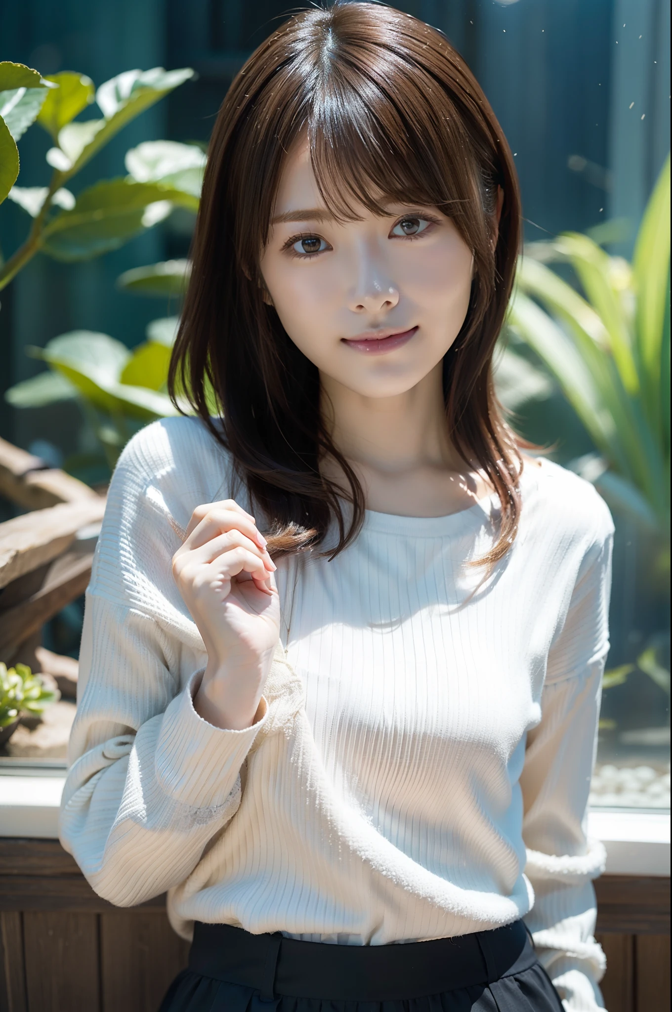in 8K,Best Quality:1.4, 超A high resolution:1.5, (Photorealistic:1.4),masterpiece:1.2,(top-quality:1.4)、 Raw photo、(the background is blurred), aquariums、FULL BODYSHOT:1.5、 1日本人の女の子, Cute, (Solo), (Shy smile), Smooth skin、(30-years old:1.4)、to stand、Check miniskirt、Cute mini skirt、 (Brown medium hair,Bangs), (touch hair:1.4)、nogizaka、cute little、Supple fingertips,Beautiful black eyes、natural skin textures:1.3, realistic eyes and face details:1.7、middlebreasts、gazing at viewer、beauty legs、autumnal、long-sleeve、fish tank