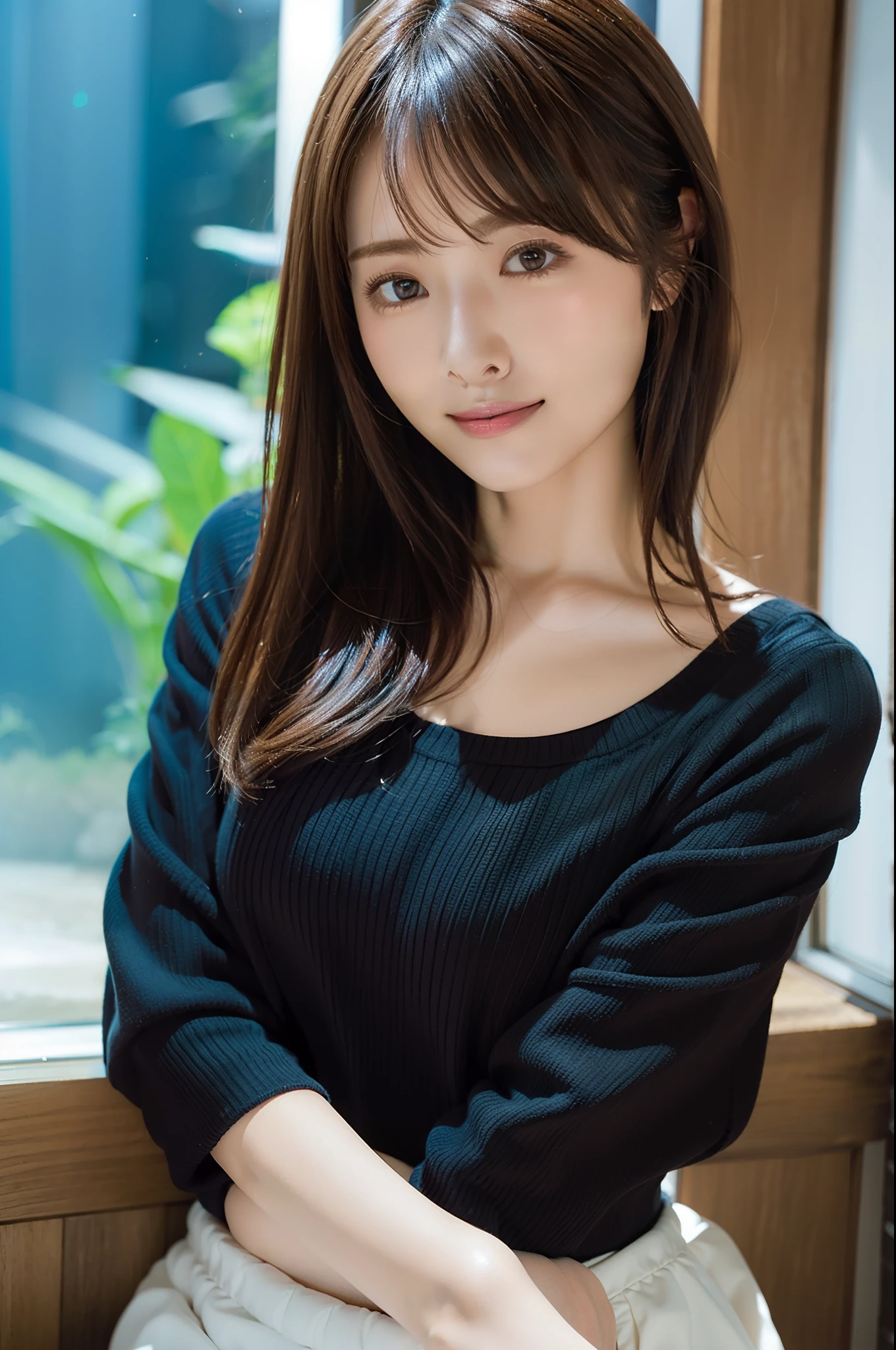 in 8K,Best Quality:1.4, 超A high resolution:1.5, (Photorealistic:1.4),masterpiece:1.2,(top-quality:1.4)、 Raw photo、(the background is blurred), aquariums、FULL BODYSHOT:1.5、 1日本人の女の子, Cute, (Solo), (Shy smile), Smooth skin、(30-years old:1.4)、to stand、Check miniskirt、Cute mini skirt、 (Brown medium hair,Bangs), (touch hair:1.4)、nogizaka、cute little、Supple fingertips,Beautiful black eyes、natural skin textures:1.3, realistic eyes and face details:1.7、middlebreasts、gazing at viewer、beauty legs、autumnal、long-sleeve、fish tank