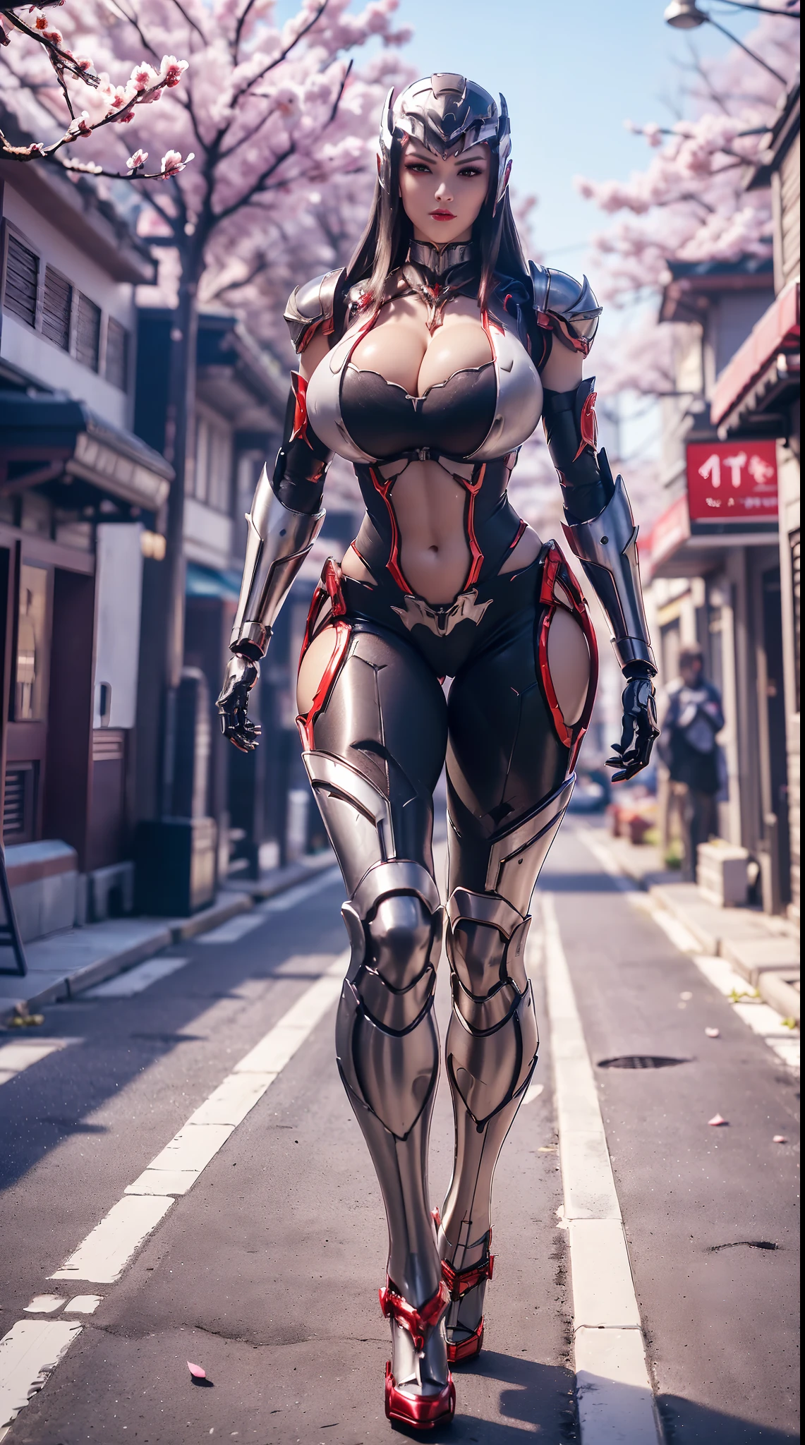 1GIRL, SOLO, (mecha helm:1.3), (BIG BUTTOCKS, HUGE BOOBS:1.4), (DRAGON MECHA GUARD ARM, GLOVES), (((A PAIR FUTURISTIC MECHANICAL WINGS))), (Red: 1.3, white: 0.8), (MECHA CYBER SHINY ARMORED SUIT, CLEAVAGE, MECHA SKINTIGHT PANTS, GUARD ARMOR LEGS, HIGH HEELS:1.4), (MUSCULAR BODY, SEXY LONG LEGS, FULL BODY:1.5), (MUSCLE ABS:1.2), (LOOKING AT VIEWER:1), (WALKING DOWN ON STREET CHERRY TREES IN THE MORNING:1.3), PHYSICALLY-BASED RENDERING, ULTRA HIGHT DEFINITION, 16K, 1080P.