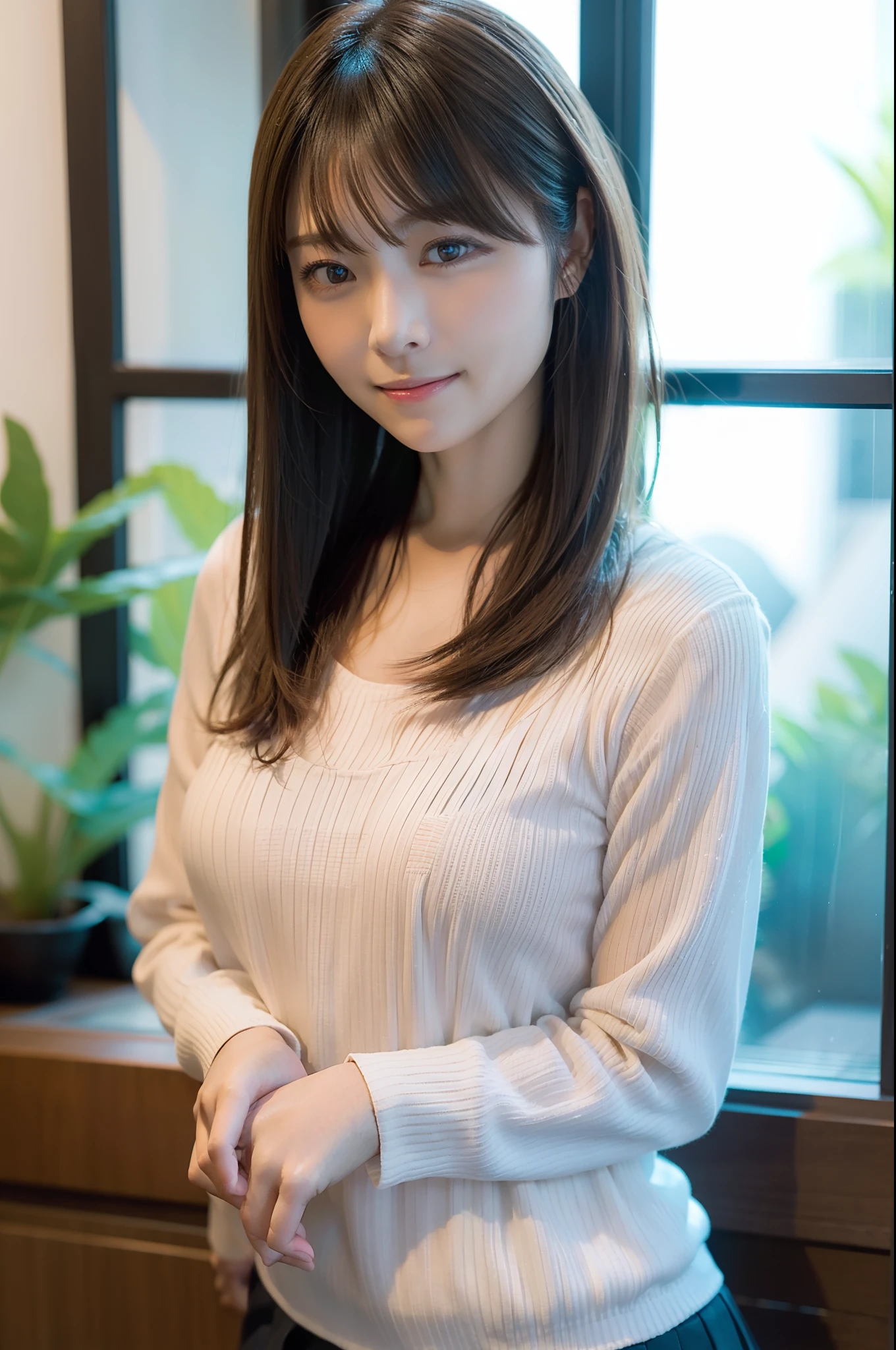 in 8K,Best Quality:1.4, 超A high resolution:1.5, (Photorealistic:1.4),masterpiece:1.2,(top-quality:1.4)、 Raw photo、(the background is blurred), aquariums、FULL BODYSHOT:1.5、 1日本人の女の子, Cute, (Solo), (Shy smile), Smooth skin、(30-years old:1.4)、to stand、Check miniskirt、Cute mini skirt、 (Brown medium hair,Bangs), (touch hair:1.4)、nogizaka、cute little、Supple fingertips,Beautiful black eyes、natural skin textures:1.3, realistic eyes and face details:1.7、middlebreasts、gazing at viewer、beauty legs、autumnal、long-sleeve、fish tank