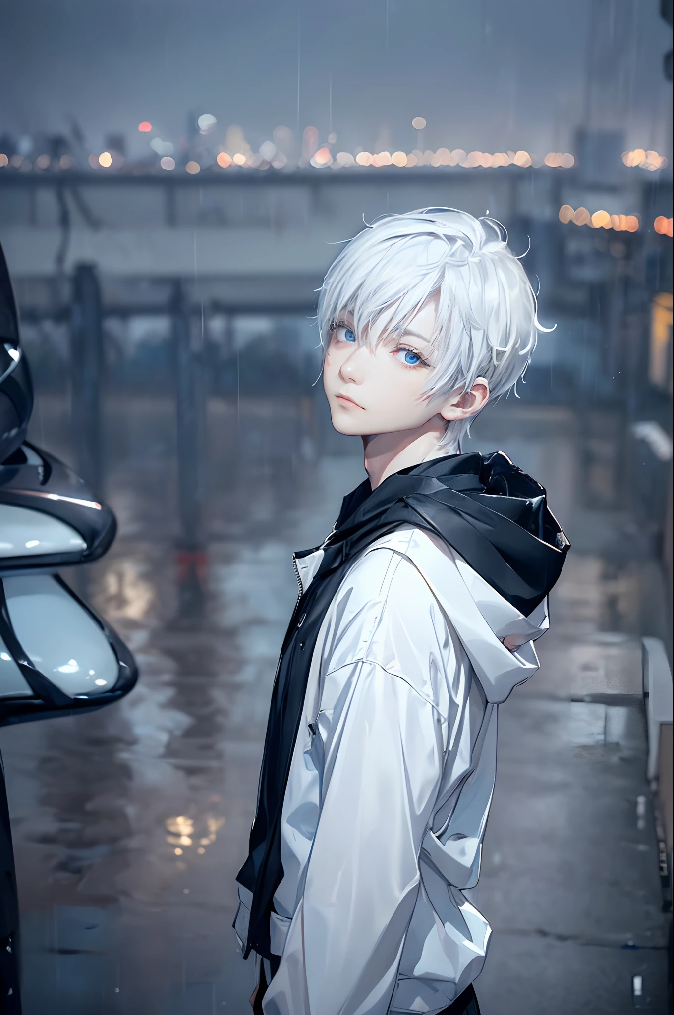 ((4K works))、masterpiece、(top-quality)、One beautiful boy、Slim body、tall、((Black Y-shirt and white pants、Charming street style))、Please wear one jacket、Wearing a hood to hide his face、(Detailed beautiful eyes)、Morning City、((Rainy city))、Fashionable city with morning rain、During the walk、((Bright, Cloudy sky))、((Face similar to Carly Rae Jepsen))、((Short-haired white hair))、((Smaller face))、((Neutral face))、((Bright blue eyes))、((American adult male))、((Adult male 26 years old))、((Cool Men))、((Like a celebrity))、((Wild look))、((Korean Makeup))、((elongated and sharp eyes))、((Happy dating))、((boyish))、((Upper body photography))、Professional Photos、((Model photo))、((Shot alone))、((He's under the roof))、((Looking up at the sky))、((photographed from the back))、((He is looking upwards))、((His eyes are looking upwards))、((Increase the angle of the face))、((He is walking in front of the viewer))