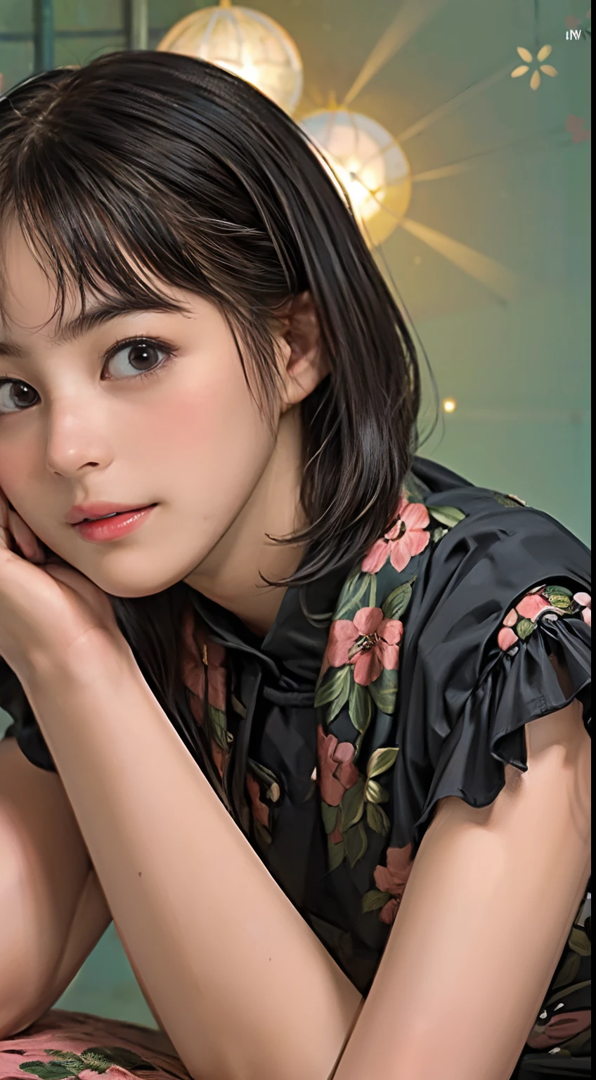 33
(Shorthair:1.23), (a 20 yo woman), (A hyper-realistic), (Masterpiece), (8KUHD), with floral pattern, (breast:1.23), serene expressions