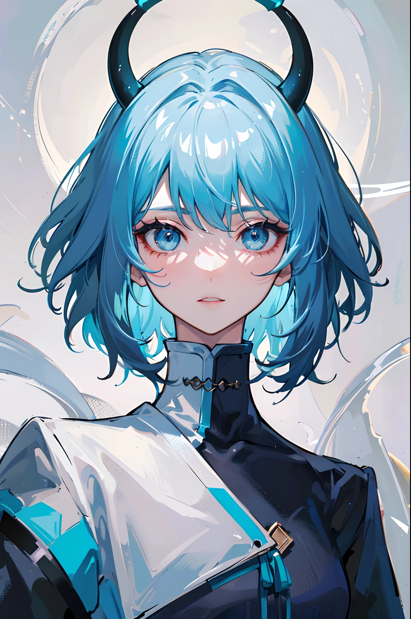 Illustration, UHD, retina, masterpiece, accurate, anatomically correct, super detail, high details, high quality, award winning, best quality, highres, good anatomy, 1080P, HD, 4K, 8k, 16k, 1boy, dynamic pose, androgynous, full body, detailed eyes, detailed clothes, detailed hair, rendering, 2 hands, 5 fingers, 2 legs, short white hair, long bangs, short lock, wearing a intricate design outfit, blue eyes, gradient eye teal, teal kimono, short red horns on top of the head