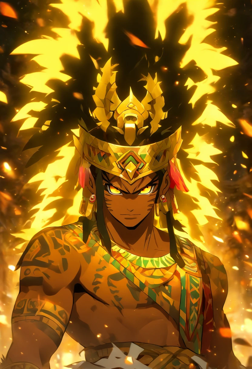 (((God yellow skin))) best quality, very high resolution, detailed CG in 4K, masterpiece, Aztec mythology, god of gold, Xipe Totec, red feathers, trees in the background, Mexico, standing pose, Aztec clothing , Aztec city, ((full body)), aesthetics, beautiful image, centered on screen, standing pose