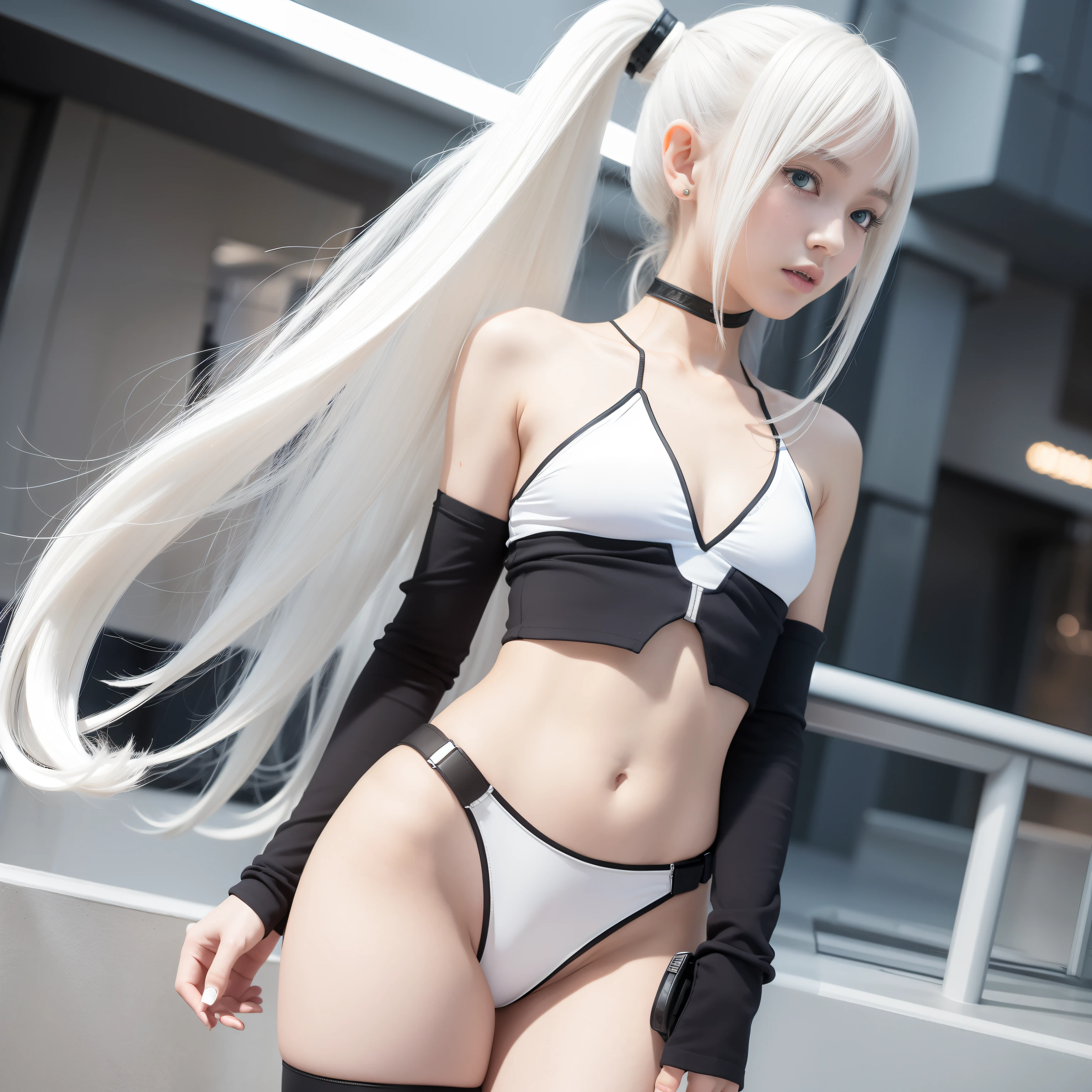 A world of only white, Black and gray(Futuristic Nordic city),20 years girl,masutepiece , Best Quality,The best illustrations(Soft texture),Nahida(GenshinImpact) ,very slender body,tiny chest,Skinny Legs,Long hair ,Side Ponytail, Hair Ornament ,Street, White hair , White hair , hand behind head:1.5,multicolored hair, elf ,Skinny Legs,smil,Tsundere,