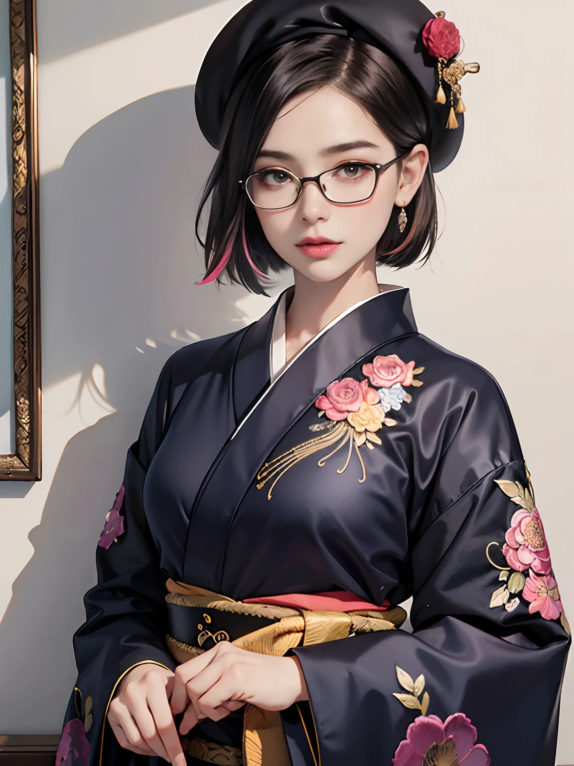 Background of details(A drawing is hanging on the wall),break ,elaborate costume(Luxury kimono(Colorful kimono(detailed embroidery))),BREAK,1 Beautiful and Classy Adult Woman(Japanese actressl:1.2)(glasses)(glossy dark hair(beret),(short hair)),drawing, Break,Wallpapers 16K,Blur the background,(masutepiece:1.5), (Best Quality:1.5),(Portrait photos:1.5),(full bodyesbian:1.5)