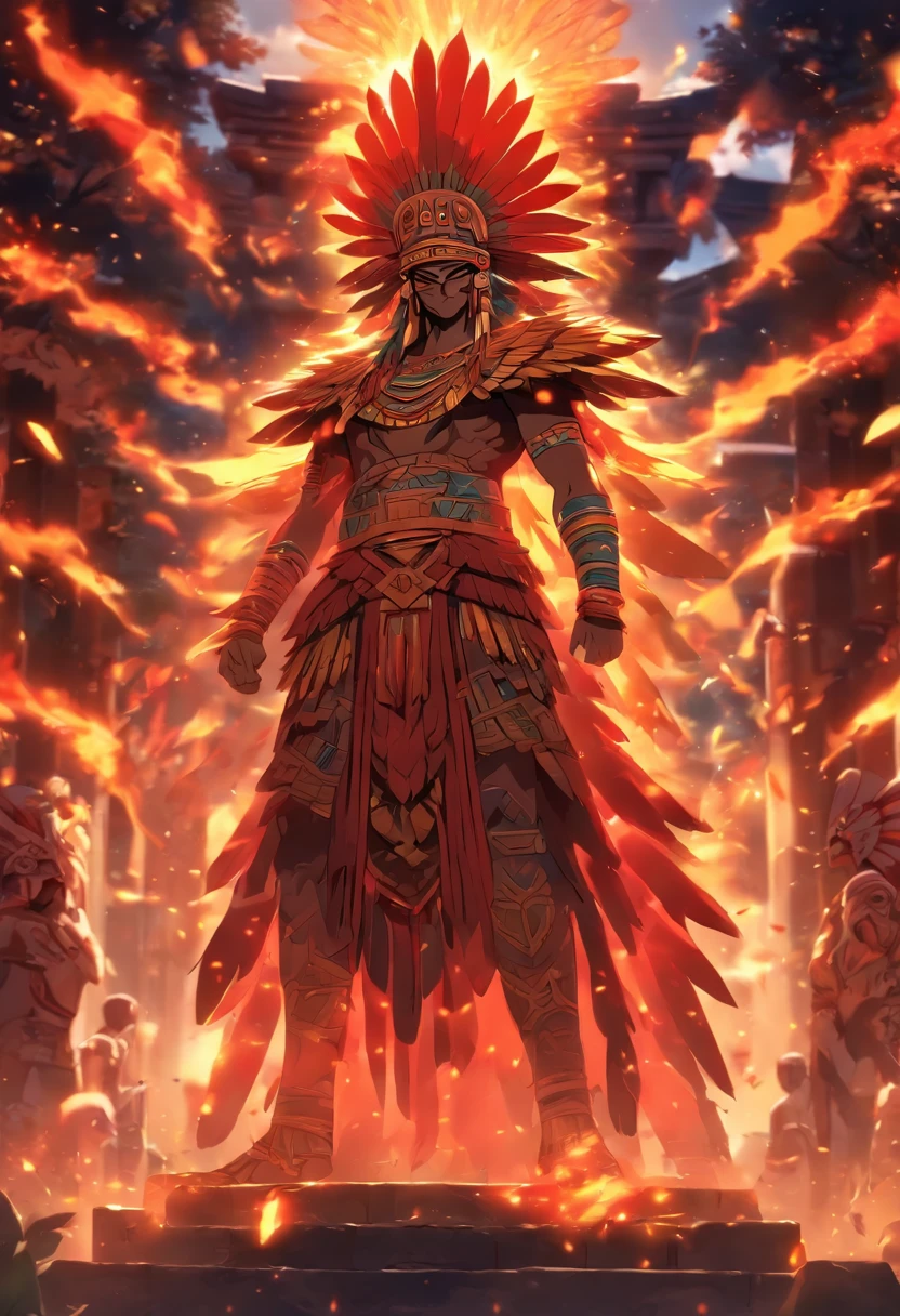 (((Flayed God)) best quality, very high resolution, detailed CG in 4K, masterpiece, Aztec mythology, god of gold, Xipe Totec, red feathers, trees in the background, Mexico, standing pose, Aztec clothing, city Aztec,((full body)), aesthetic, beautiful image, centered on screen, standing pose