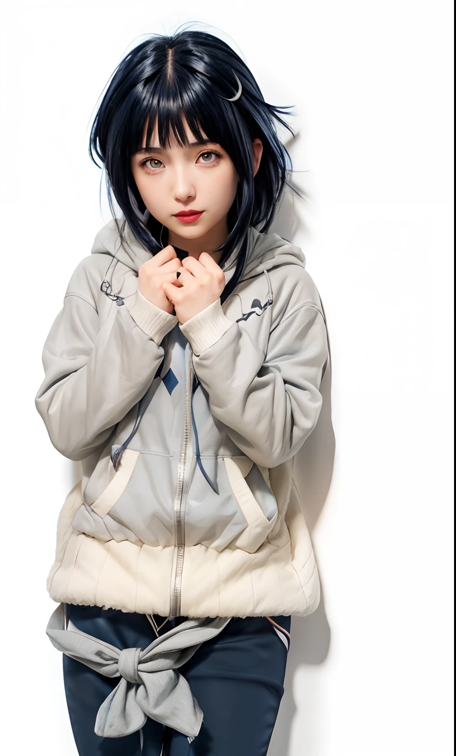 a close up of a person with long hair and a hoodie, hinata hyuga, hinata hyuga from naruto, from naruto, as an anime character, perfect anime face, she has dark blue hair with bangs, female anime character, anime character, anime best girl, hime cut hairstyle, dark blue hair, (red glossy lips:1.3), light purple eyes