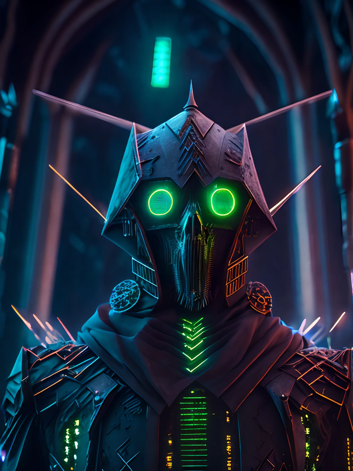 Grim portrait of the DC Scarecrow with intricate angular cybernetic implants inside a brutalist building, gothic brutalist cathedral, cyberpunk, Foto premiada, Bokeh, Neon lights, cybernetic limb