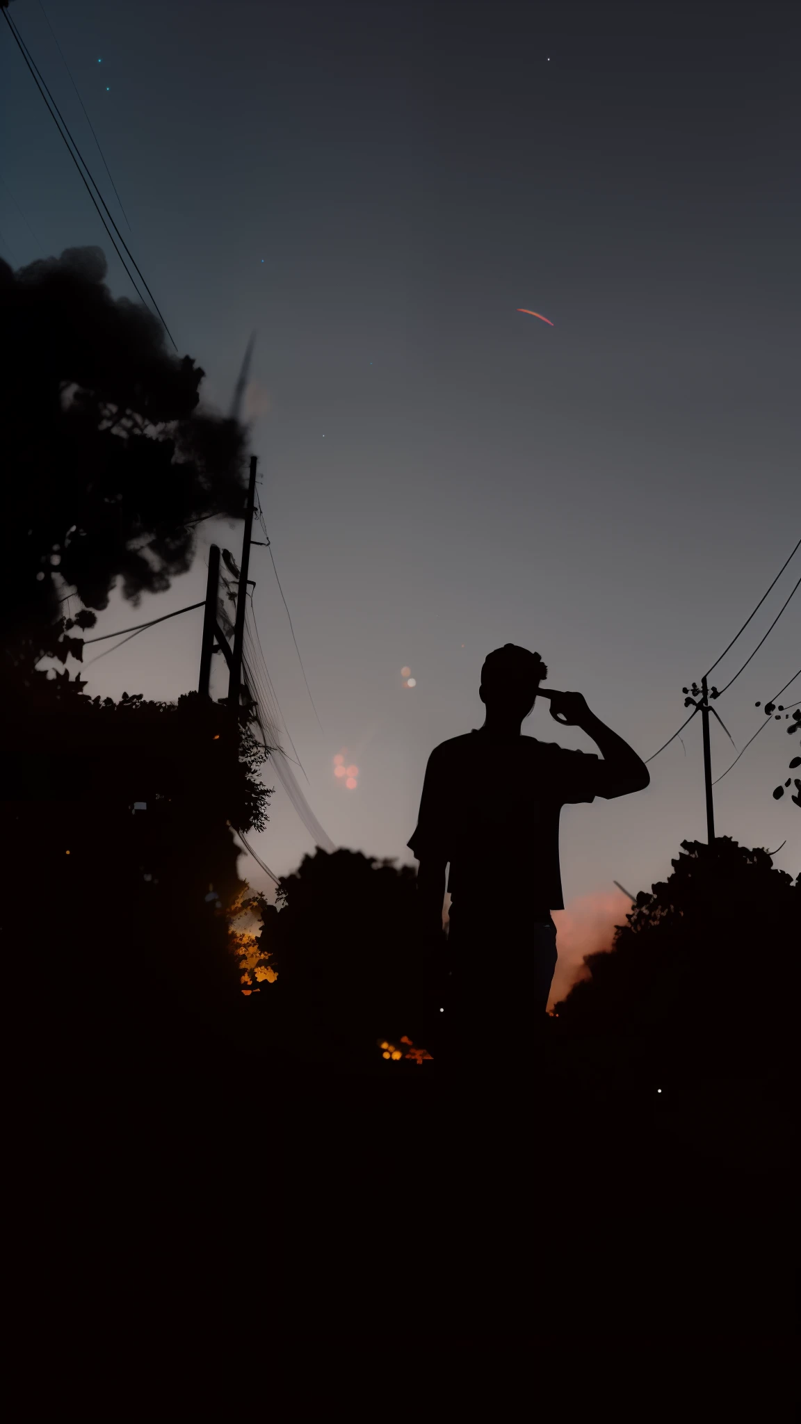 A man staring at the stars in the sky.., 4k resolution, epic extreme, dark mood and strong backlighting, volumetric lights, smoke volutes, artstation HQ, unreal engine, octane renderer, HQ, 8K