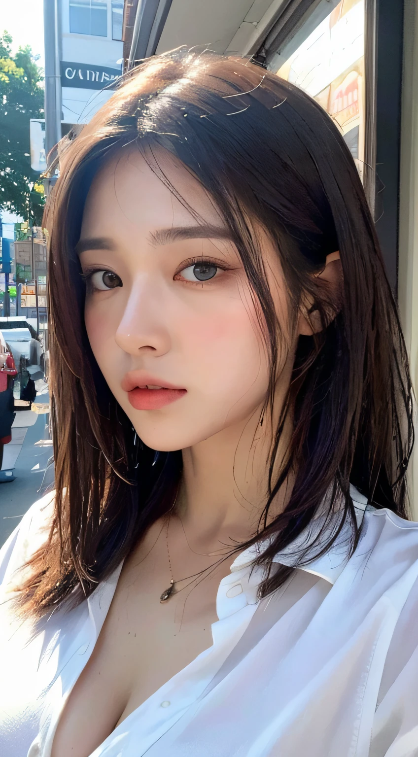 ((Best Quality, 8K, Masterpiece: 1.3)), Sharp: 1.2, Perfect Body Beauty: 1.4, Slim Abs: 1.2, ((Layered Hairstyle, Big Breasts: 1.2)), (Wet White Button Long Shirt: 1.1), (Rain, Street: 1.2), Wet: 1.5, Highly detailed face and skin texture, detailed eyes, double eyelids, side face looking at the camera