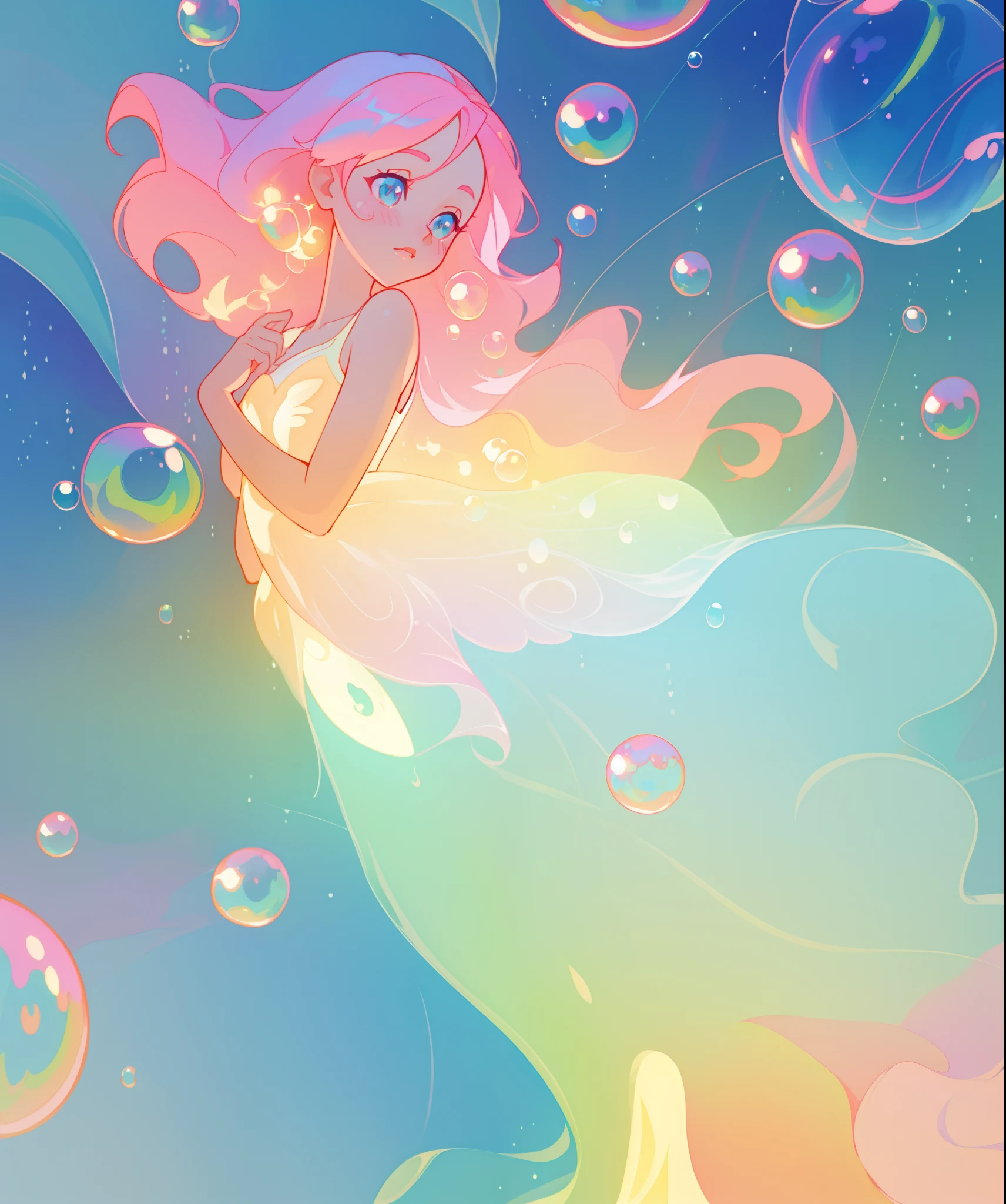 beautiful anime girl in colorful liquid dress, vibrant pastel colors, flowing long pink peach hair, beautiful white layered ballgown, (colorful), magical lights, sparkling lines of light, inspired by Glen Keane, inspired by Lois van Baarle, disney art style, by Lois van Baarle, glowing aura around her, by Glen Keane, jen bartel, glowing lights! digital painting, flowing glowing hair, glowing flowing hair, beautiful digital illustration, fantasia background, whimsical, magical, fantasy, beautiful face, ((masterpiece, best quality)), intricate details, highly detailed, sharp focus, 8k resolution, sparkling detailed eyes, liquid watercolor, (((bubbles)))