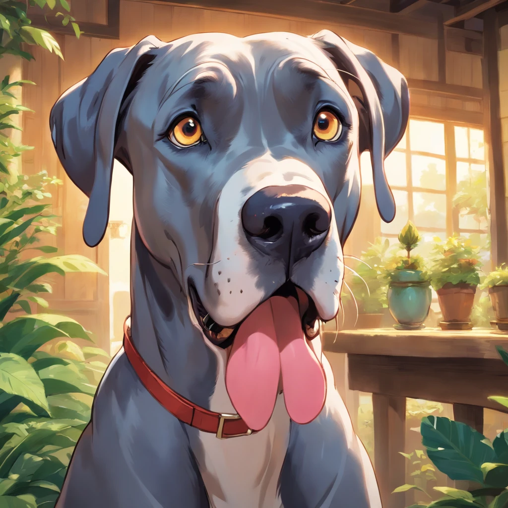 A great dane looking into the camera with a look of surprise and confusion, Looking with his head turned sideways, num lindo jardim