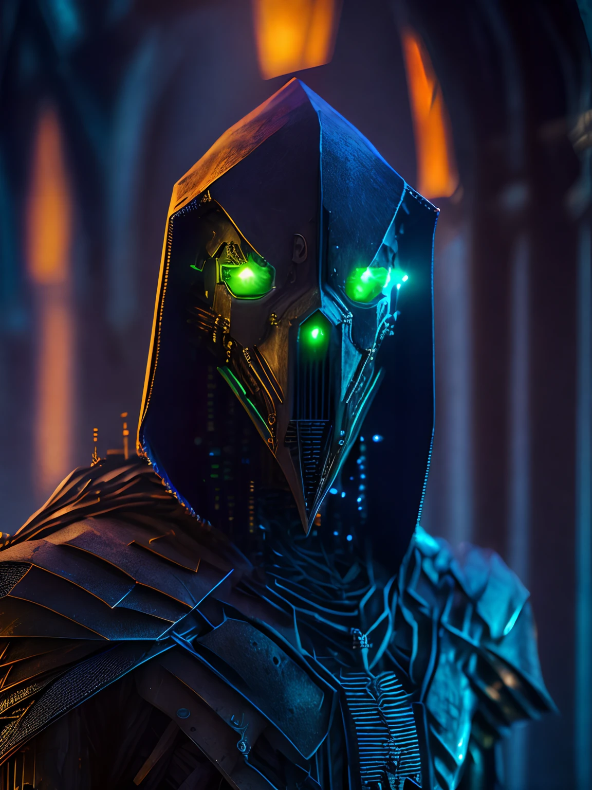 Grim portrait of the DC Scarecrow with intricate angular cybernetic implants inside a brutalist building, gothic brutalist cathedral, cyberpunk, Foto premiada, Bokeh, Neon lights, cybernetic limb