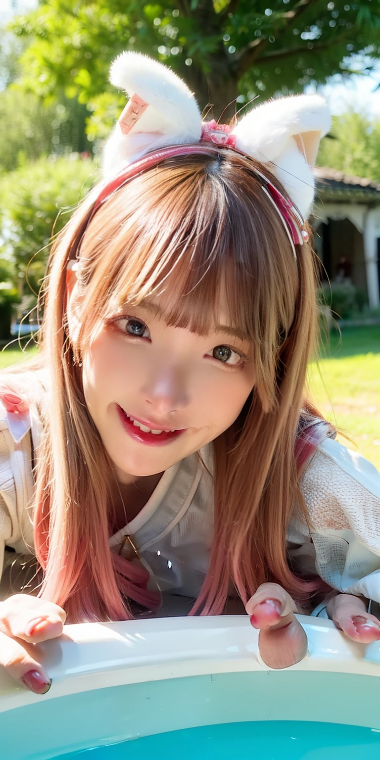 (8K, 4K, Best Quality, hight resolution:1.2), (maasterpiece, Realistic, photographrealistic:1.37), 1girl in, Solo, Beautiful face, Eyelashes, Nose, Glossy lips, (Detailed eyes, Looking at Viewer, Fair skin, White skin:1.5), fine complexion, Upper body,
Large breasts, busty, , (:1.5),
outdoor bath,
two side up, absurdly long hair, Blonde hair, Pink hair, Bangs, Hair Ornament, Bow,
Younger, aged down,