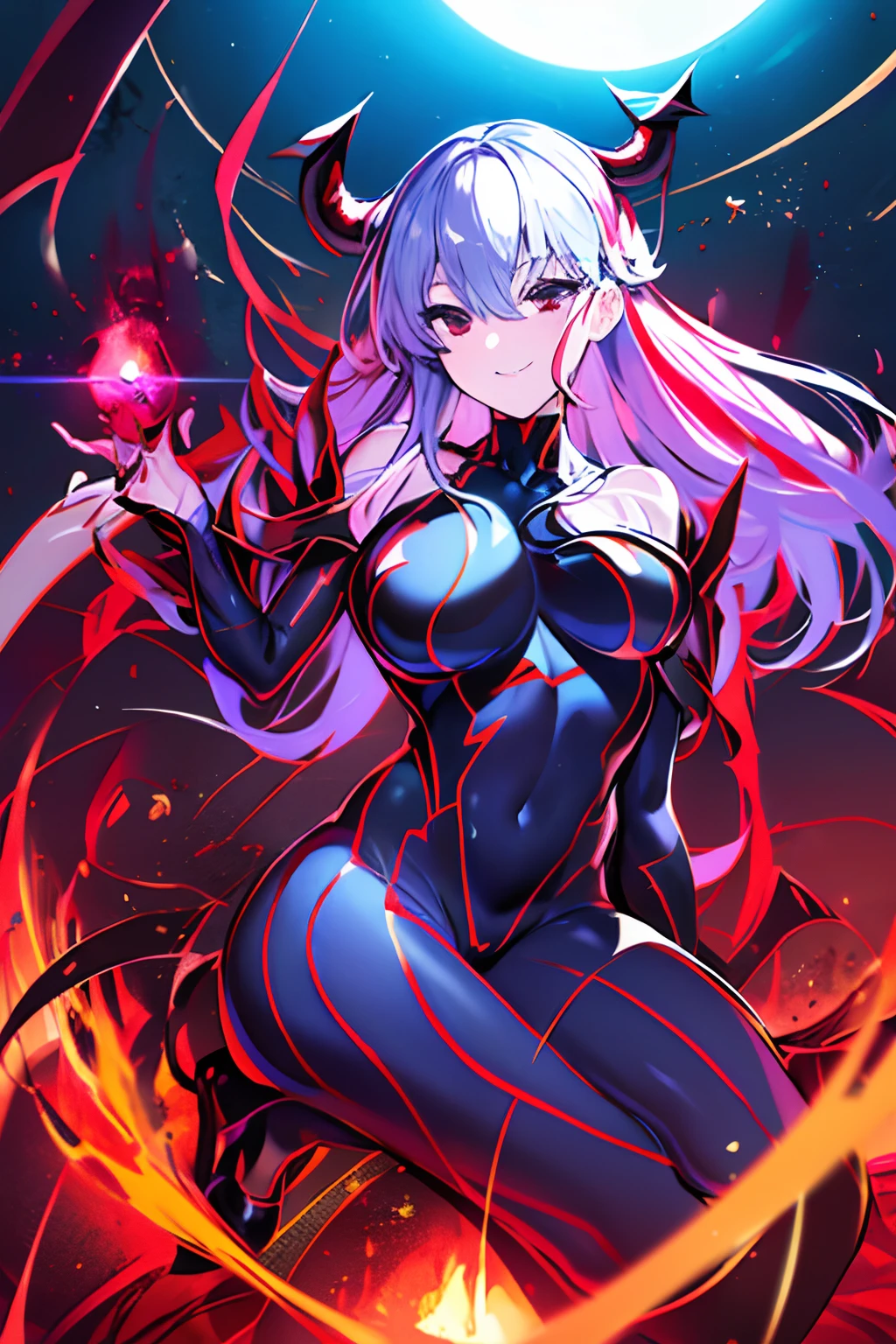 Carefully draw the face　5  girl　High-quality faces in anime style　a blond　Shiny black full body suit　Black High Heels　Red lines all over the body　seductiv　a smile　Morrigan Aensland