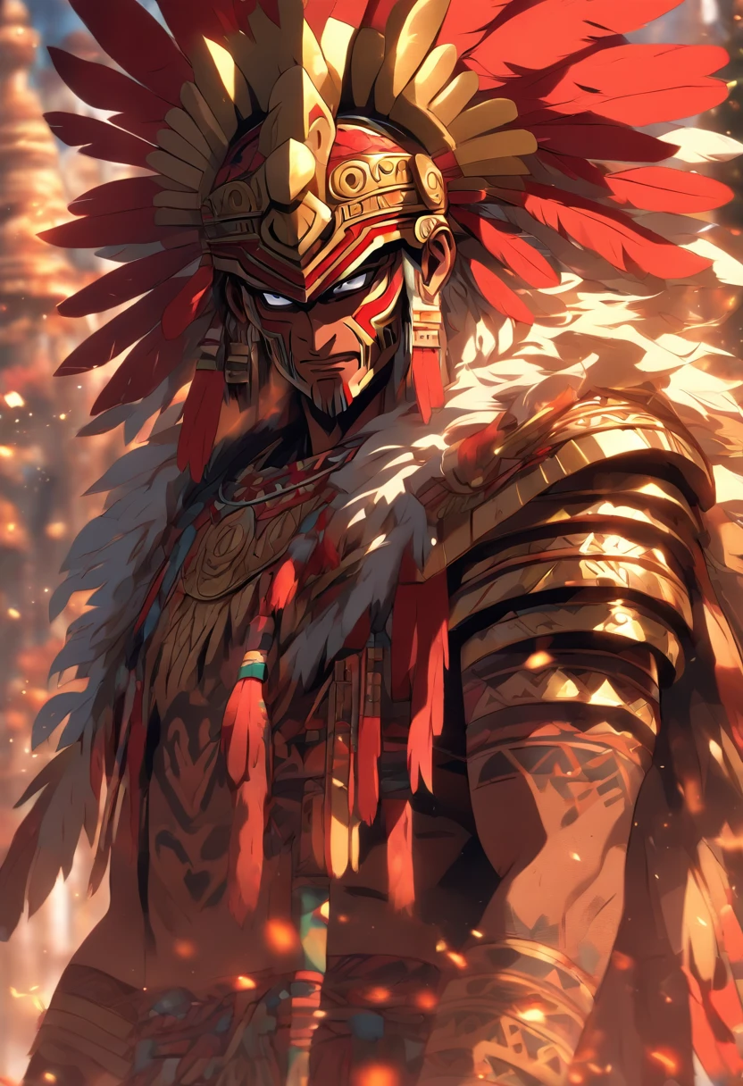 (((Flayed God)) best quality, very high resolution, detailed CG in 4K, masterpiece, Aztec mythology, god of gold, Xipe Totec, red feathers, trees in the background, Mexico, standing pose, Aztec clothing, city Aztec,((full body)), aesthetic, beautiful image, centered on screen, standing pose