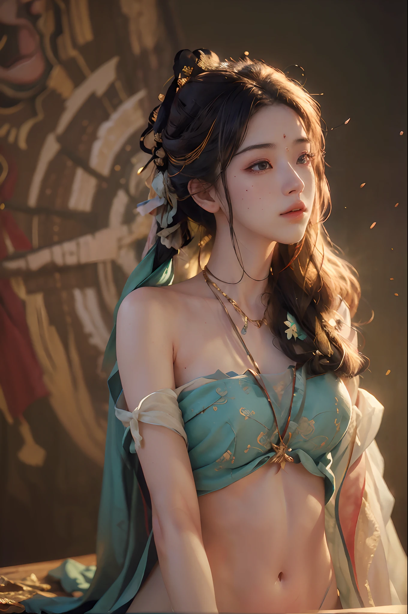 nsfw,(RAW photo, best quality),(realistic, photo-realistic:1.3),best quality,highly detailed,masterpiece,ultra-detailed,illustration,1girl,upper_body,dynamic angle,world masterpiece theater,messy_long_hair,best quality,extremely detailed CG unity 8k wallpaper,ink,Amazing,cinematic lighting,lens_flare,dunhuang_style,