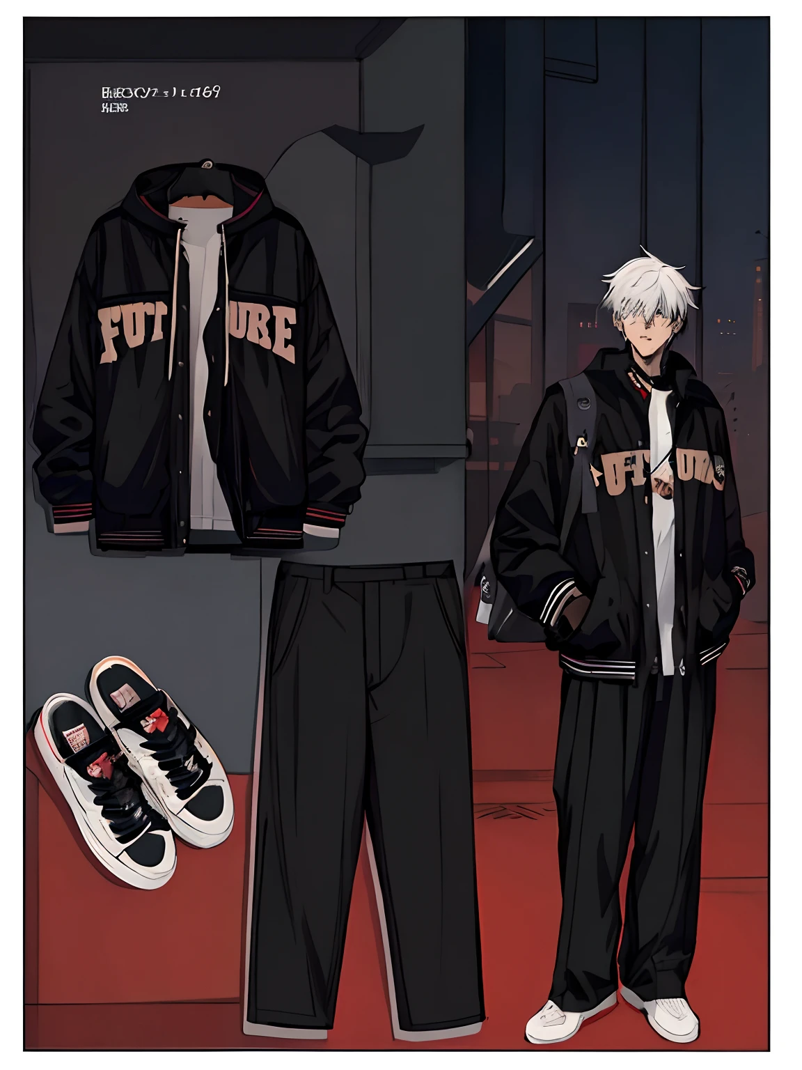 a picture of a man in a black jacket and pants, anime set style, 2 0 2 2 anime style, 2022 anime style, street clothes, anime inspired, style anime, future clothing, full_body!!, casual streetwear, jk uniform, lunar themed attire, anime style only, bright future, casual clothing, street clothing, anime stile