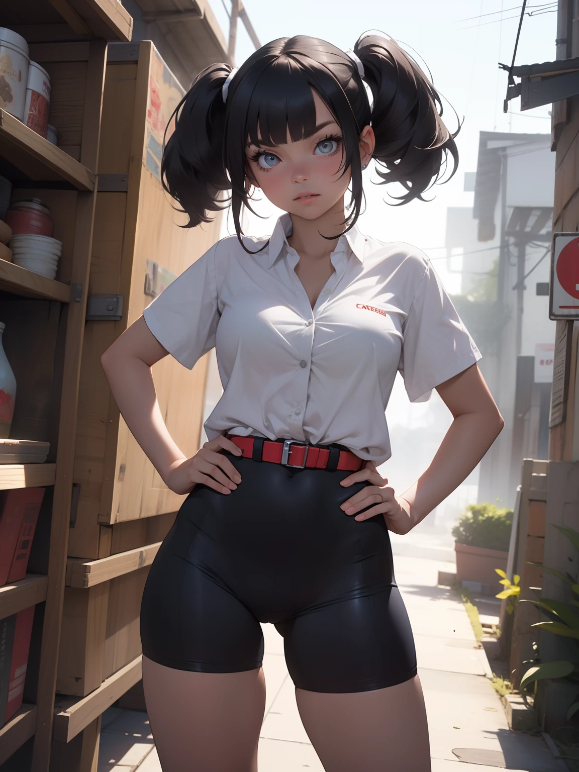 obra-prima, melhor qualidade, highres, 1girl, solo, olhos azuis, cabelo preto, twintails, luvas pretas, bike_shorts, franja, camisa branca, distintivo, middlebreasts, tiro de cowboy, franzir a testa, hand on hip, inclinando-se para a frente, apontando para o espectador,