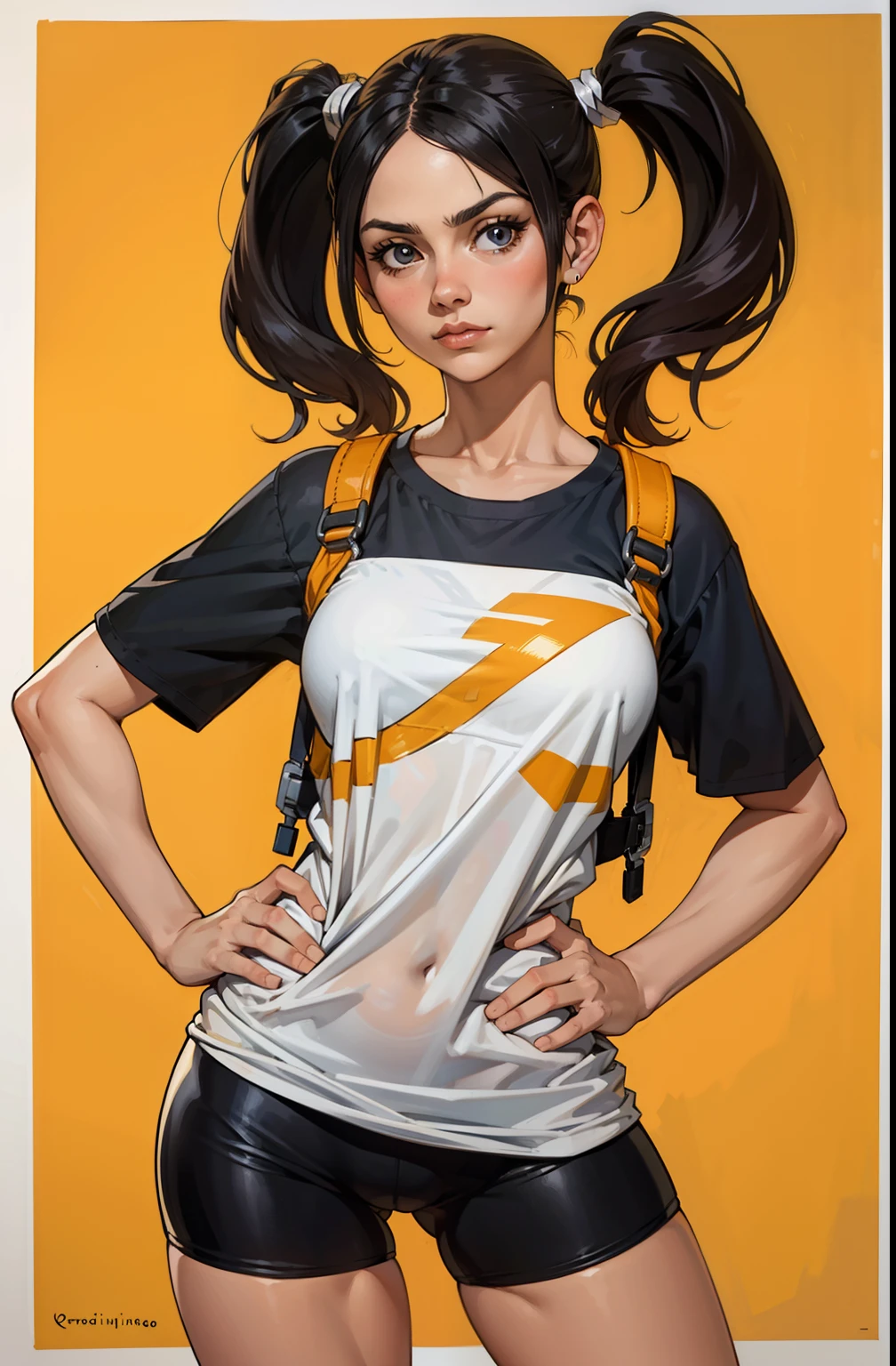 obra-prima, melhor qualidade, highres, 1girl, solo, olhos azuis, cabelo preto, twintails, luvas pretas, bike_shorts, franja, camisa branca, distintivo, middlebreasts, tiro de cowboy, franzir a testa, , inclinando-se para a frente, apontando para o espectador,