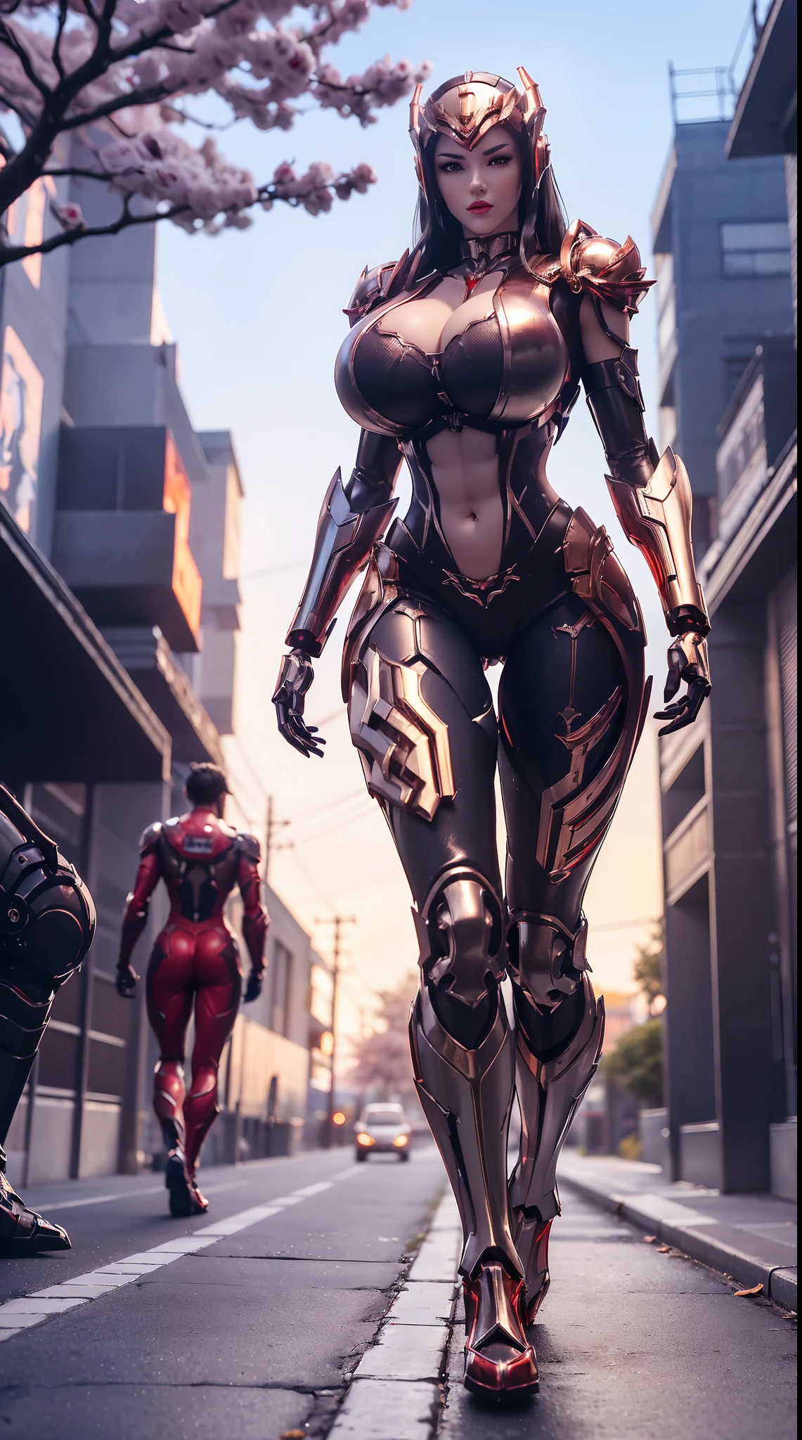 1GIRL, SOLO, (mecha helm:1.3), (BIG BUTTOCKS, HUGE BOOBS:1.4), (DRAGON MECHA GUARD ARM, GLOVES), (((A PAIR FUTURISTIC MECHANICAL WINGS))), (Red: 1.3, white: 0.8), (MECHA CYBER SHINY ARMORED SUIT, CLEAVAGE, MECHA SKINTIGHT PANTS, GUARD ARMOR LEGS, HIGH HEELS:1.4), (MUSCULAR BODY, SEXY LONG LEGS, FULL BODY:1.5), (MUSCLE ABS:1.2), (LOOKING AT VIEWER:1), (WALKING DOWN ON STREET CHERRY TREES IN THE MORNING:1.3), PHYSICALLY-BASED RENDERING, ULTRA HIGHT DEFINITION, 16K, 1080P.