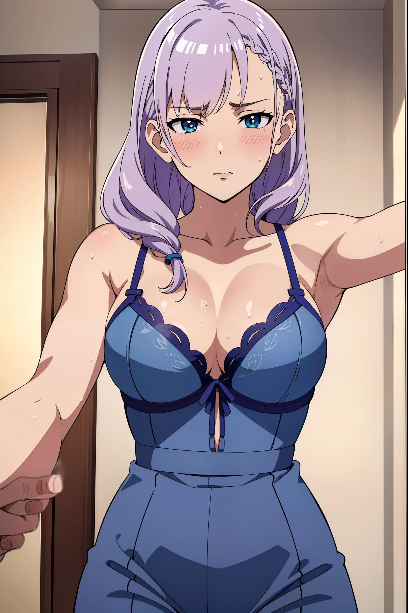 reinepavolia, reine pavolia, blue eyes, braid, braided bangs, light purple hair, parted bangs, ponytail, single braid, (masterpiece:1.2), best quality, armpits, bedroom, underwear only, bra, closeup, blush, pov kissing, armpits, sweat, sweatdrop, steaming body, ahegao,
