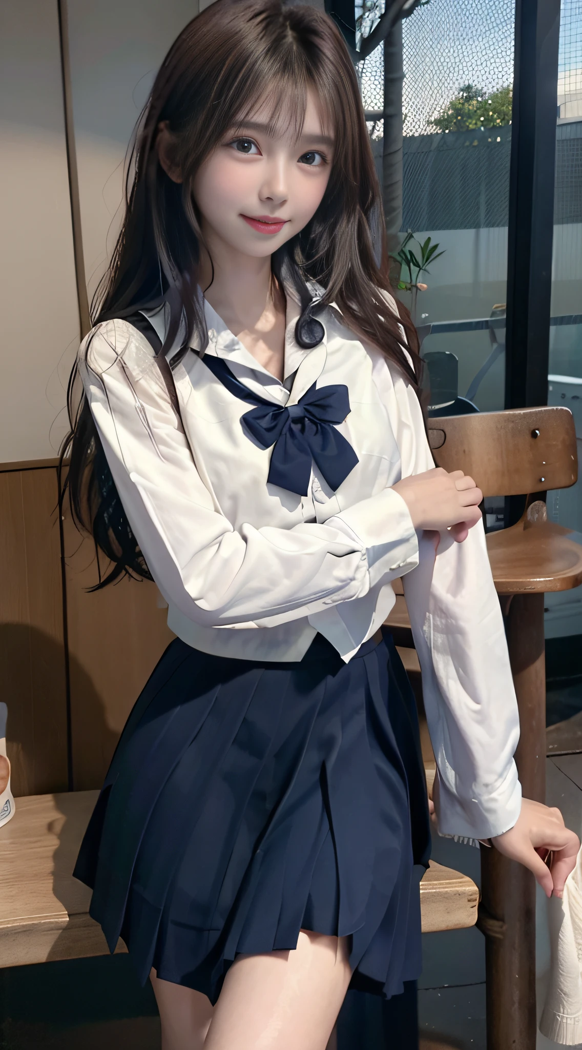 ((highest quality、8k、masterpiece:1.3)),((((cowboy shot)))),Ultra-high resolution,big eyes,Japanese,bangs,(a girl),(1 girl),((20 years old)),((facing at viewer)),(long hair),(((black sailor uniform))),grin,((sitting on chair)),(pleated mini skirt),(((pussy))),((pubic hair)),((skirt lift)),((short crew socks))