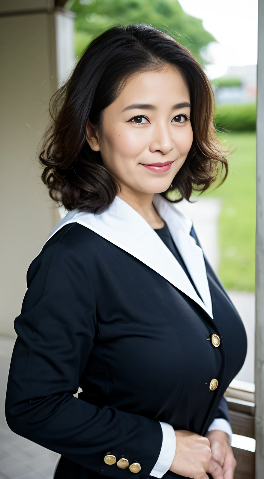 ((Best quality, 8K, Masterpiece, Portrait: 1.3)), (View viewers), Photorealism, Sharp focus, Solo, The Moro Islamic Liberation Front of Japan, Beauty,Wavy hair, Wrinkles at the corners of the eyes, to emphasize, ((Big breasts:1.3))),,30 years old, curlies, Wrinkled eyes, (school uniform:1.5, hand on hips:1.2)