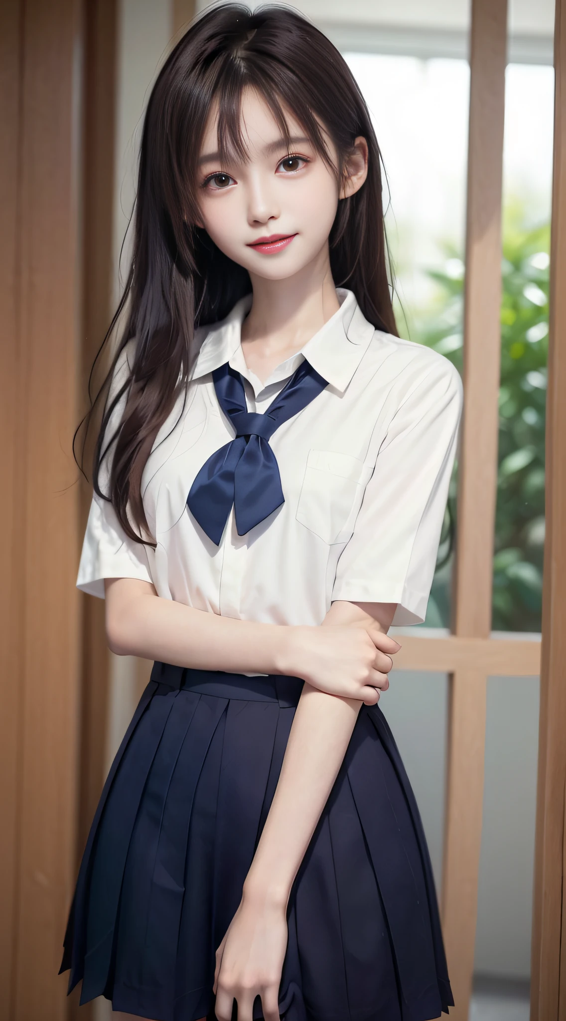 Korean school uniform, summer school uniform shirt, ribbon tie, skirt, school, classroom, school stairs, chest thrusting pose, 8K RAW photo, high resolution, cool Korean at , very big round breasts, beautiful eyes in detail, long eyelashes, beautiful double eyelids, eyeshadow, eyeliner, slender eyes, elongated eye shape, Sanpaku eyes, evil smile, beautiful thin legs, beautiful thin thighs, Random short hair, hair tied at the back of the head, earrings, light brown hair