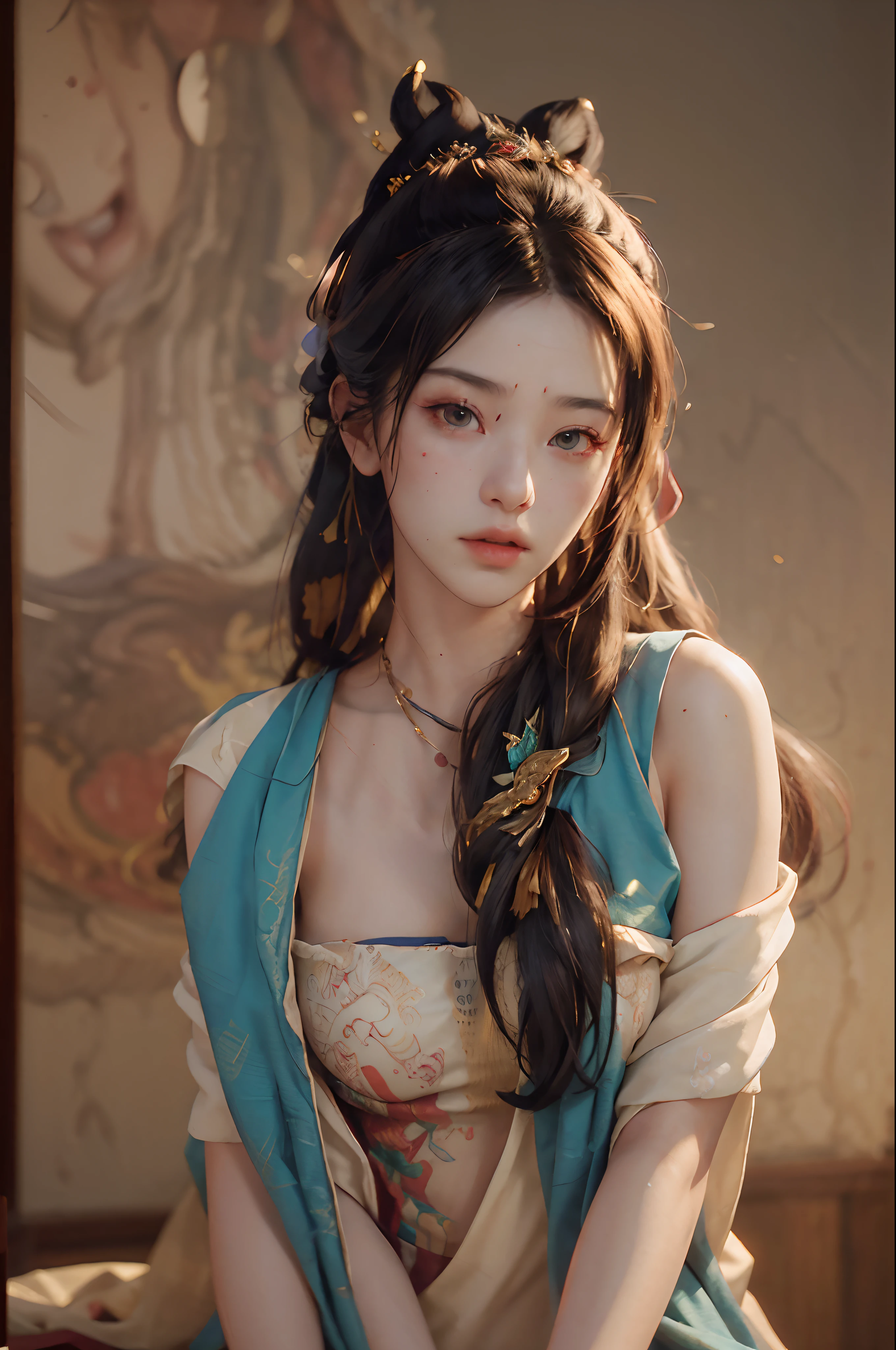 nsfw,(RAW photo, best quality),(realistic, photo-realistic:1.3),best quality,highly detailed,masterpiece,ultra-detailed,illustration,1girl,upper_body,dynamic angle,world masterpiece theater,messy_long_hair,best quality,extremely detailed CG unity 8k wallpaper,ink,Amazing,cinematic lighting,lens_flare,dunhuang_style,