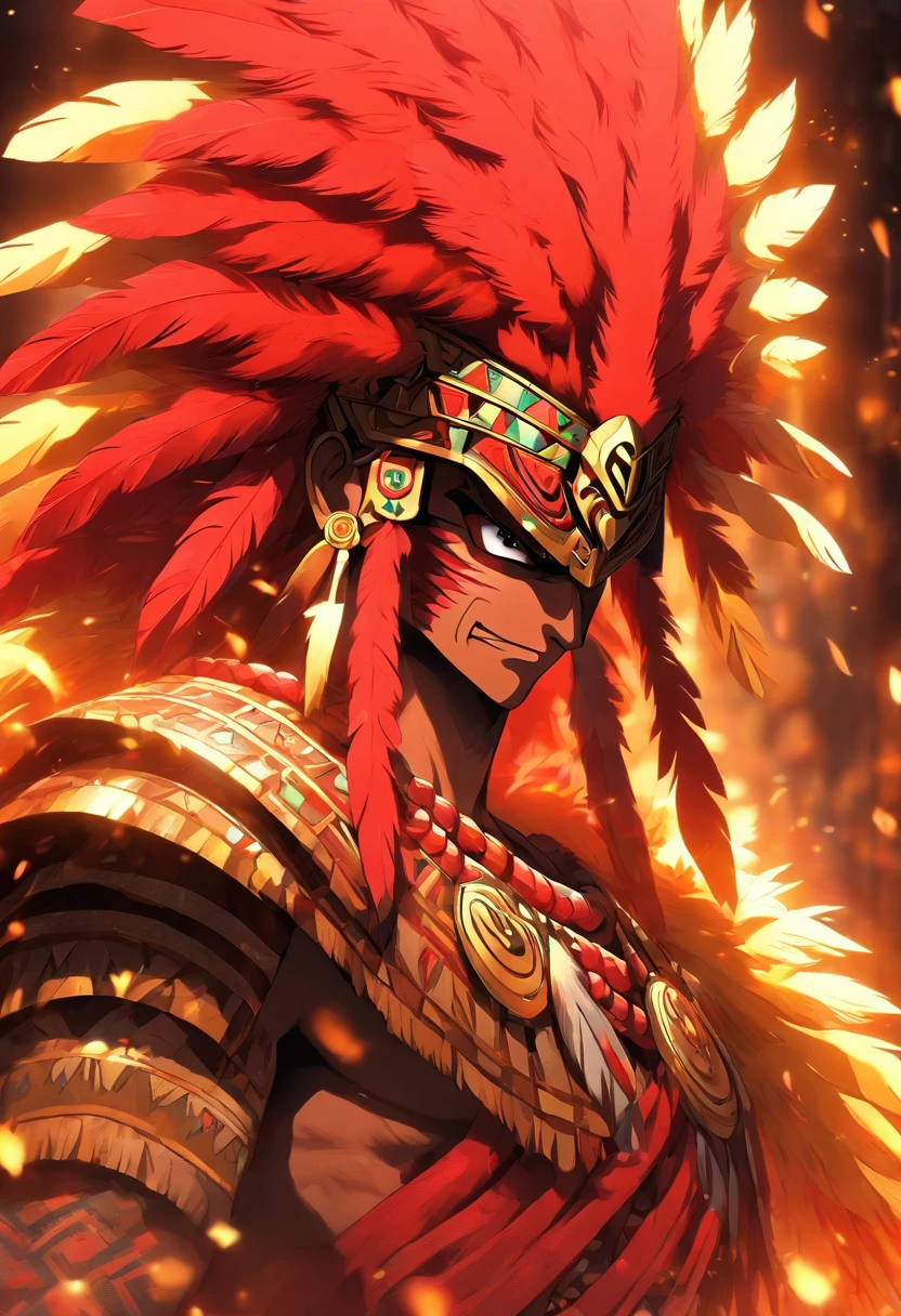 (((Red God)) best quality, very high resolution, 4K detailed CG, masterpiece, Aztec mythology, god of gold, Tōnatiuh, red skin, yellow feathers, Mexico, standing pose, Aztec clothing, Aztec city, ((yellow feathers), aesthetic, beautiful image, centered on screen, standing pose