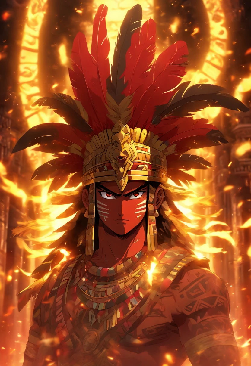 (((Red God)) best quality, very high resolution, 4K detailed CG, masterpiece, Aztec mythology, god of gold, Tōnatiuh, red skin, yellow feathers, Mexico, standing pose, Aztec clothing, Aztec city, ((yellow feathers), aesthetic, beautiful image, centered on screen, standing pose