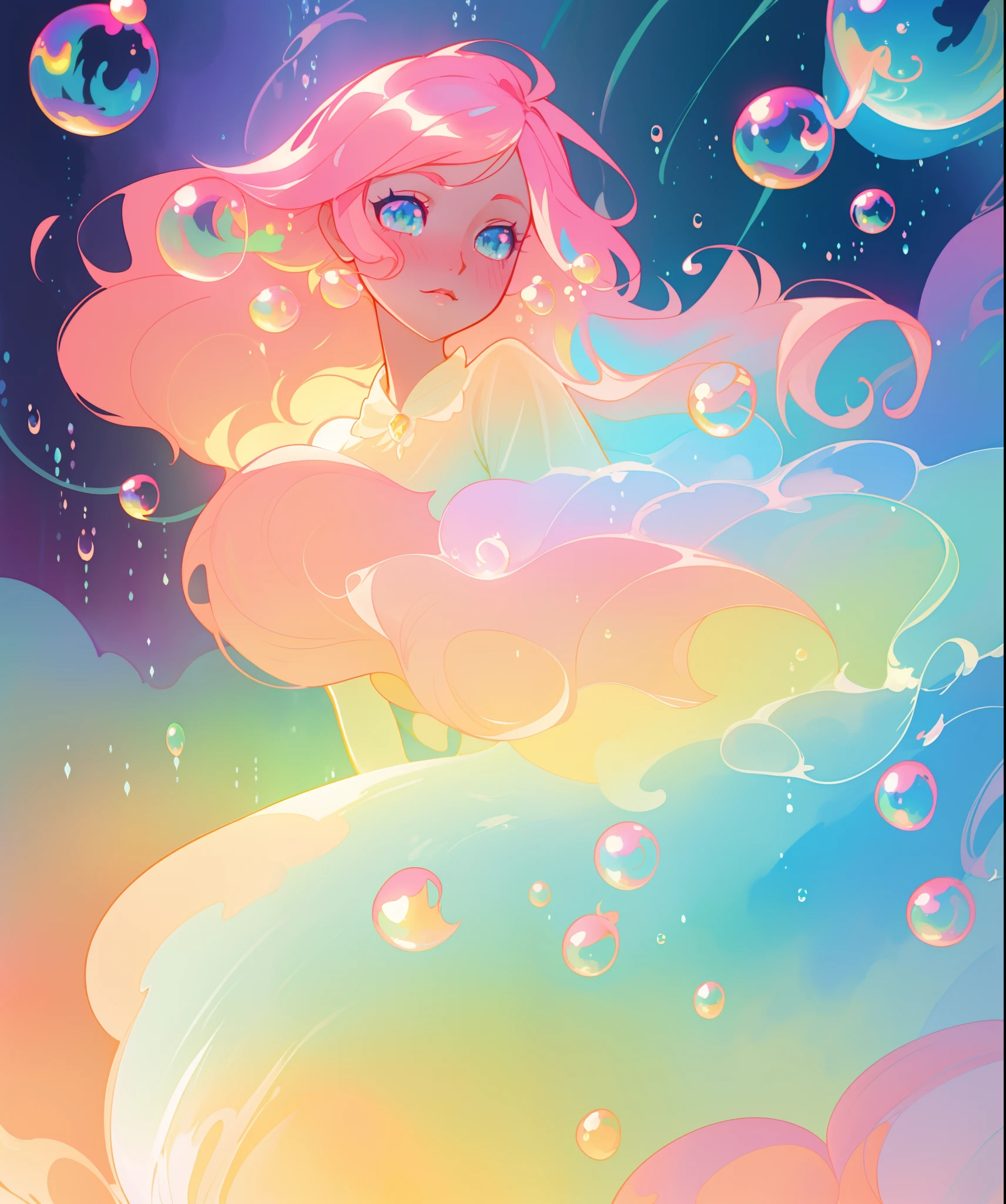 beautiful anime girl in colorful liquid dress, vibrant pastel colors, flowing long pink peach hair, beautiful white layered ballgown, (colorful), magical lights, sparkling lines of light, inspired by Glen Keane, inspired by Lois van Baarle, disney art style, by Lois van Baarle, glowing aura around her, by Glen Keane, jen bartel, glowing lights! digital painting, flowing glowing hair, glowing flowing hair, beautiful digital illustration, fantasia background, whimsical, magical, fantasy, beautiful face, ((masterpiece, best quality)), intricate details, highly detailed, sharp focus, 8k resolution, sparkling detailed eyes, liquid watercolor, (((bubbles)))