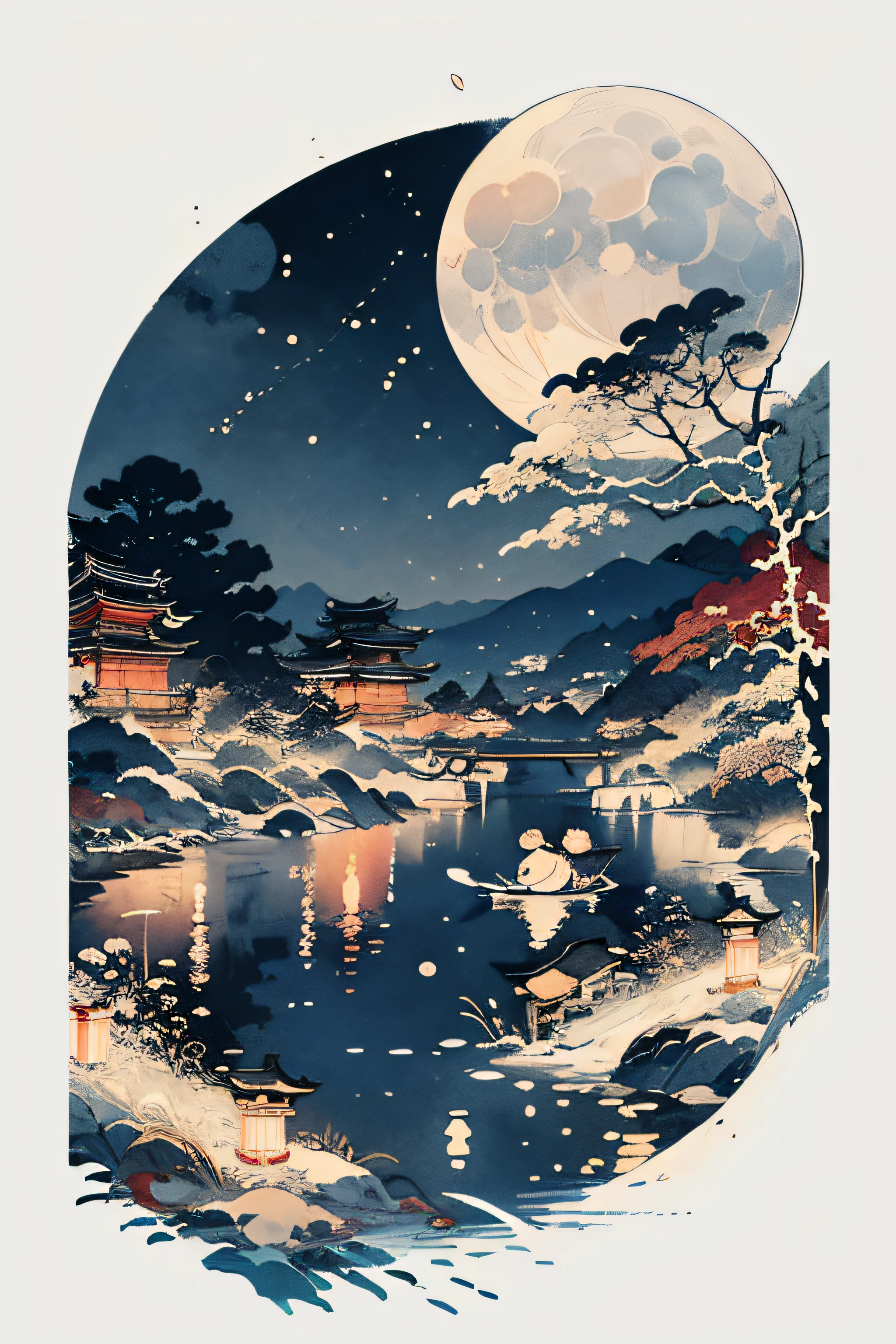 Masterpiece,Best quality,Cute ukiyo-e,Night,Moon,