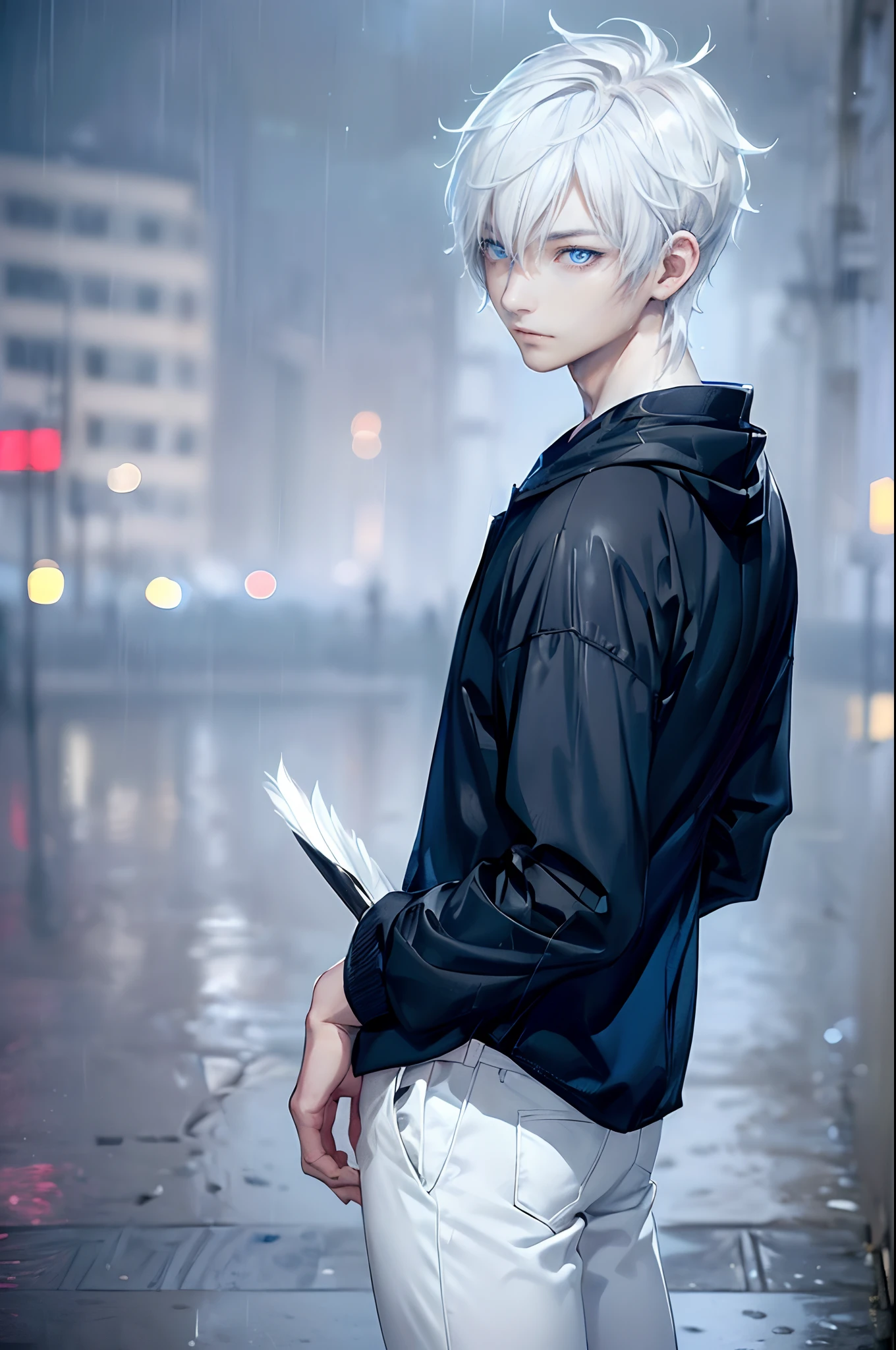 ((4K works))、masterpiece、(top-quality)、One beautiful boy、Slim body、tall、((Black Y-shirt and white pants、Charming street style))、Please wear one jacket、Wearing a hood to hide his face、(Detailed beautiful eyes)、Morning City、((Rainy city))、Fashionable city with morning rain、During the walk、((Bright, Cloudy sky))、((Face similar to Carly Rae Jepsen))、((Short-haired white hair))、((Smaller face))、((Neutral face))、((Bright blue eyes))、((American adult male))、((Adult male 26 years old))、((Cool Men))、((Like a celebrity))、((Wild look))、((Korean Makeup))、((elongated and sharp eyes))、((Happy dating))、((boyish))、((Upper body photography))、Professional Photos、((Model photo))、((Shot alone))、((He's under the roof))、((Looking up at the sky))、((photographed from the back))、((He is looking upwards))、((His eyes are looking upwards))、((Increase the angle of the face))、((He is walking in front of the viewer))