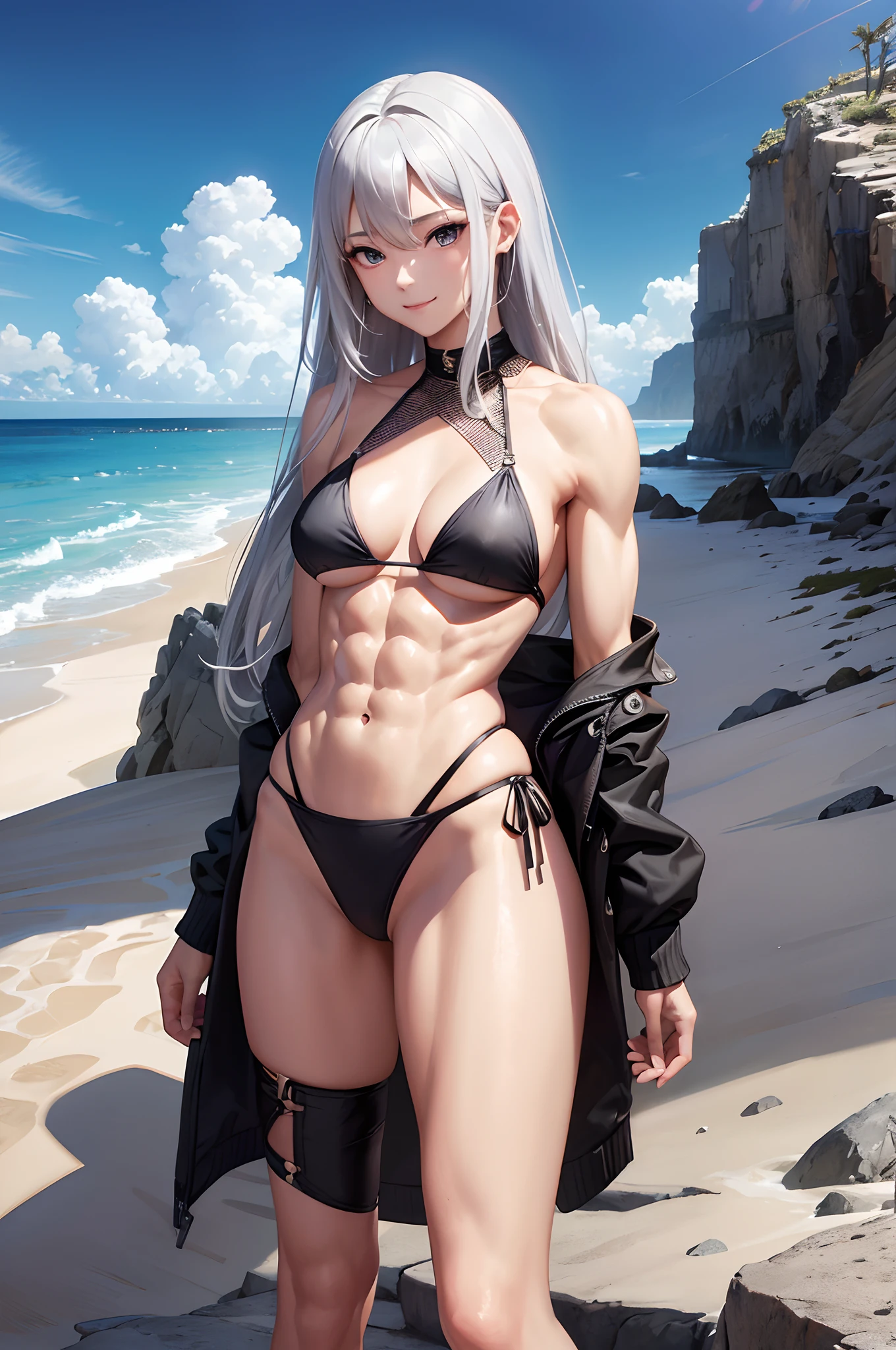 masterpiece, highest quality, silver hair, middle hair, black bikini, beach, (abs:1.4), (muscular:1.2), underarm, light smile