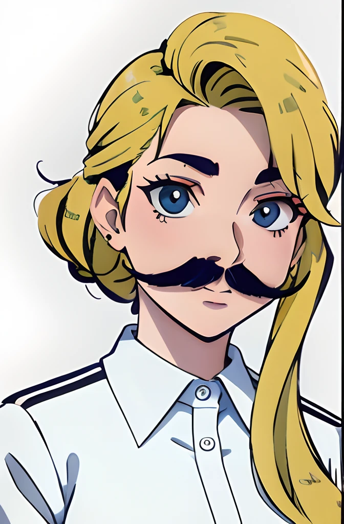 Imagen de dibujos animados de una mujer con bigote y camisa, en un estilo anime, IG Studios estilo anime, Cartoon Artstyle, en estilo anime, Marin Kitagawa Fanart, Retrato estilo anime, Personaje de estilo anime, Enorme bigote rubio, CEL - Estilo de arte sombreado, Pintado en Anime Painter Studio, 🤤 girl portrait, Retrato de personaje de anime, Estilo de anime limpio y detallado, fanart detallado